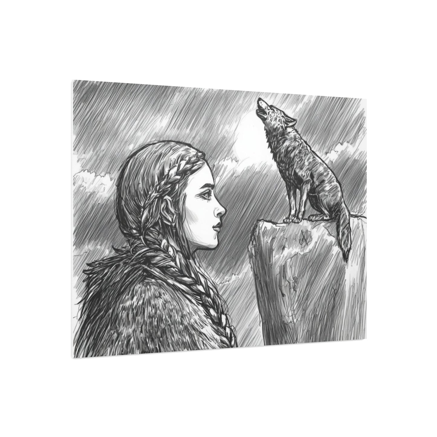 Foam Board - Viking Woman with Howling Wolf Illustration (Monochrome Nordic Wall Art)
