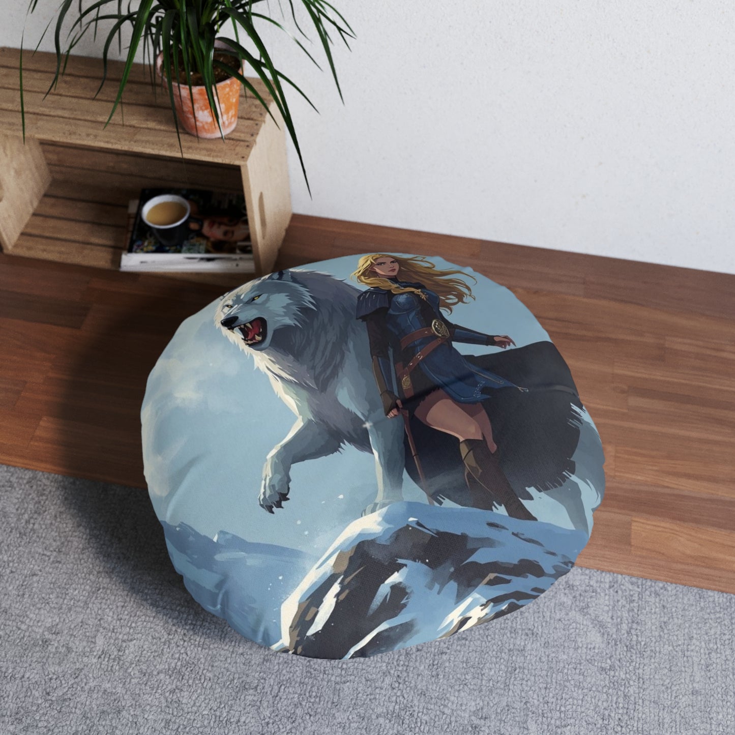 Viking Wolf Guardian Round Floor Pillow — Fantasy Norse Heroine & Wolf Artwork