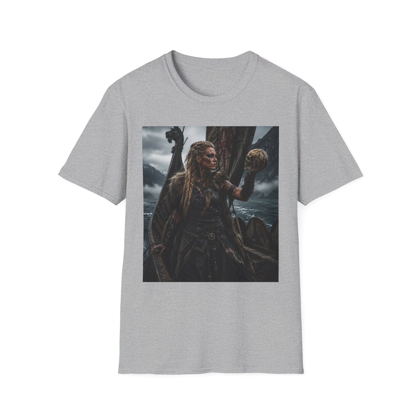 Viking Shieldmaiden Graphic T‑Shirt — Woman Holding Skull Norse Warrior Art