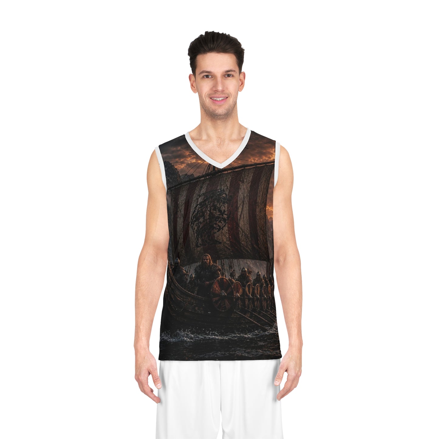 Viking Longship Basketball Jersey — All-Over Print Norse Raid Design