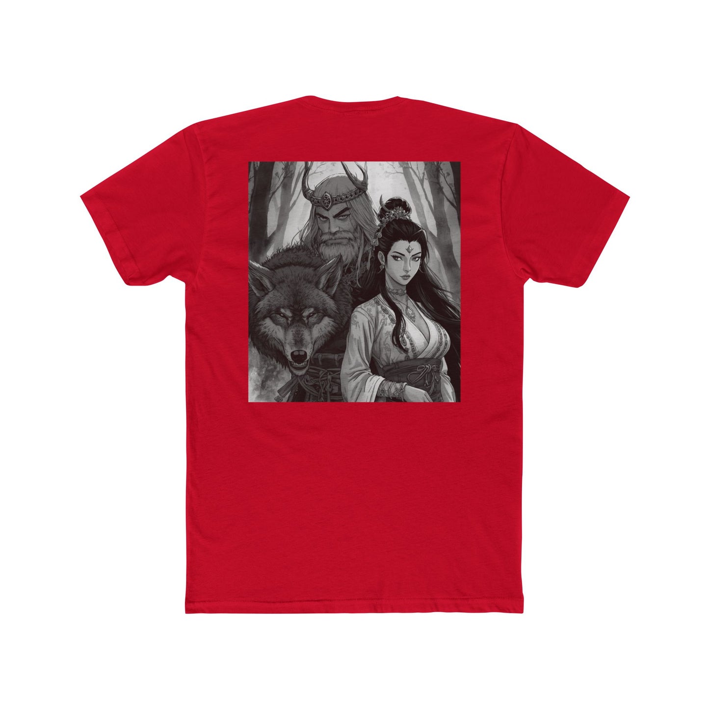 Mythic Forest Tee — Valkyrie, Wolf & Horned Guardian Graphic T-Shirt