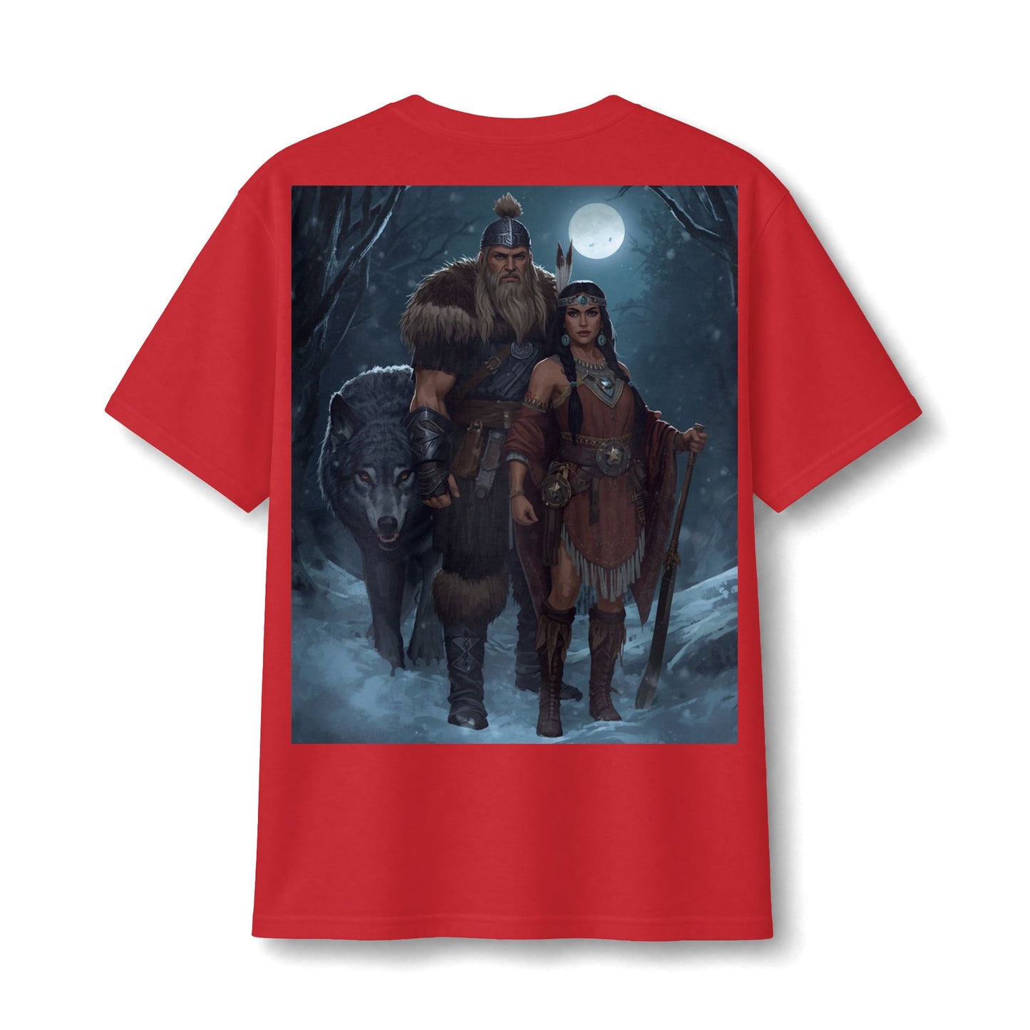 Viking Warrior Couple Tee — Norse Wolf Moon Fantasy T‑Shirt