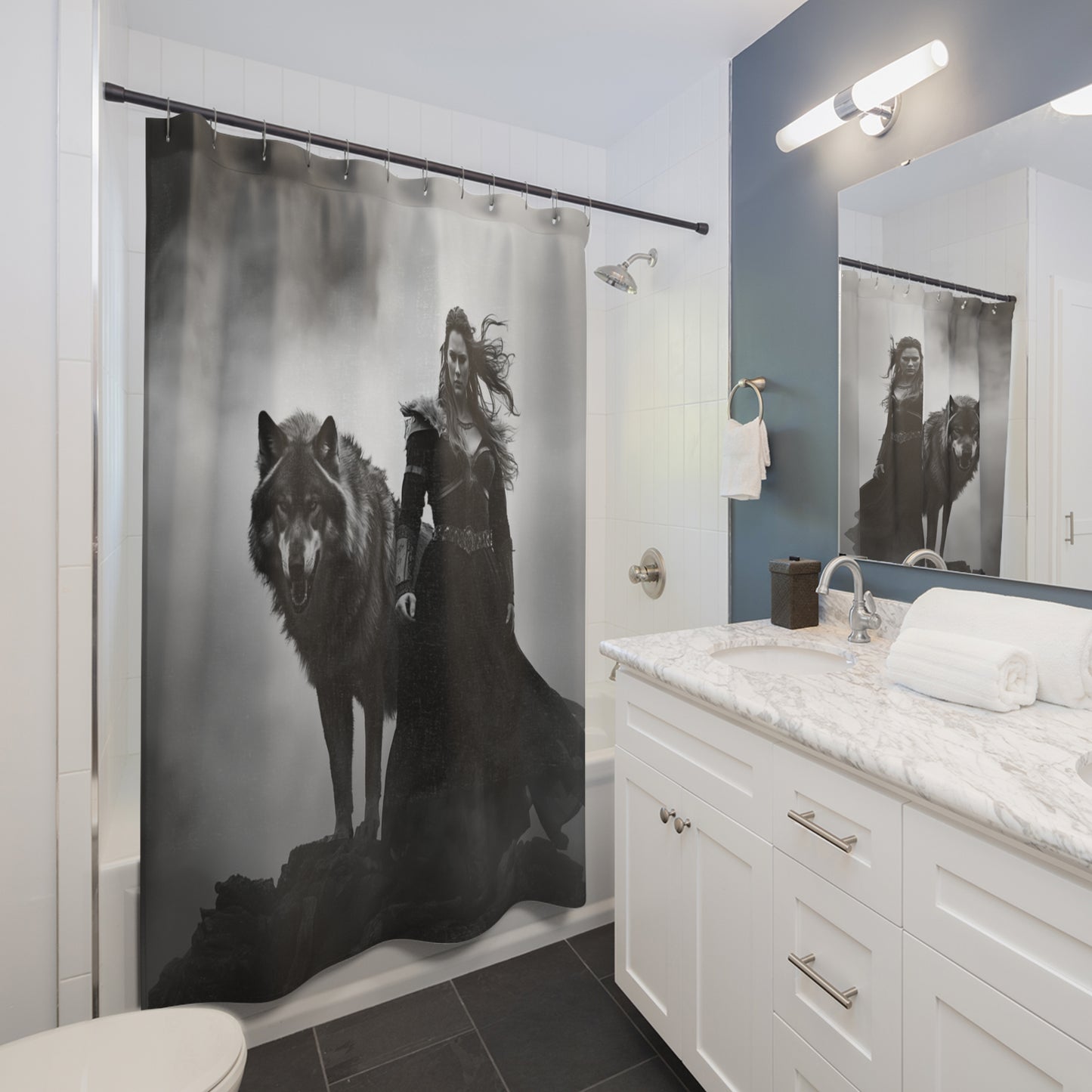 Viking Wolf Shower Curtain - Nordic Warrior Bathroom Decor