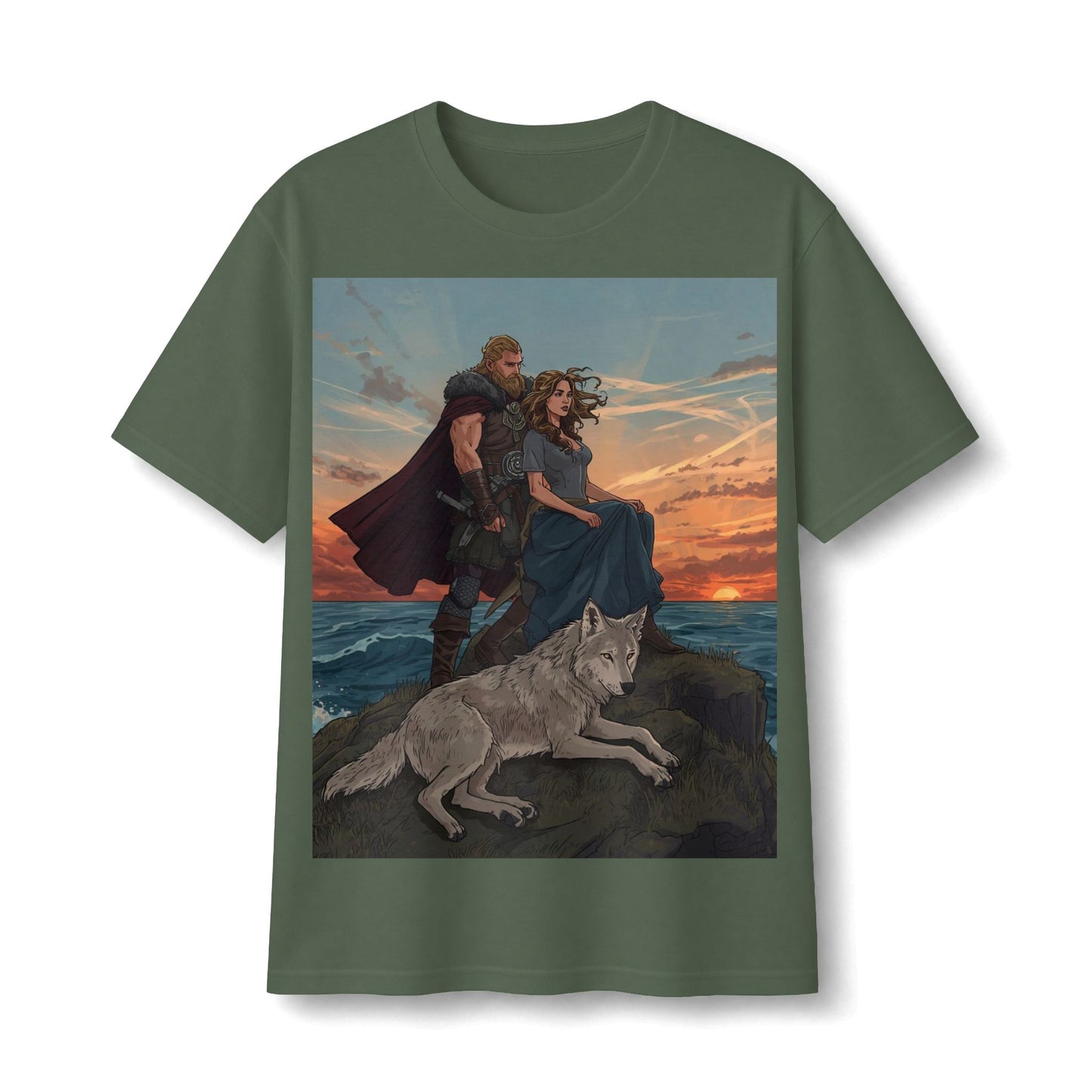 Viking Couple & Wolf Sunset T-Shirt