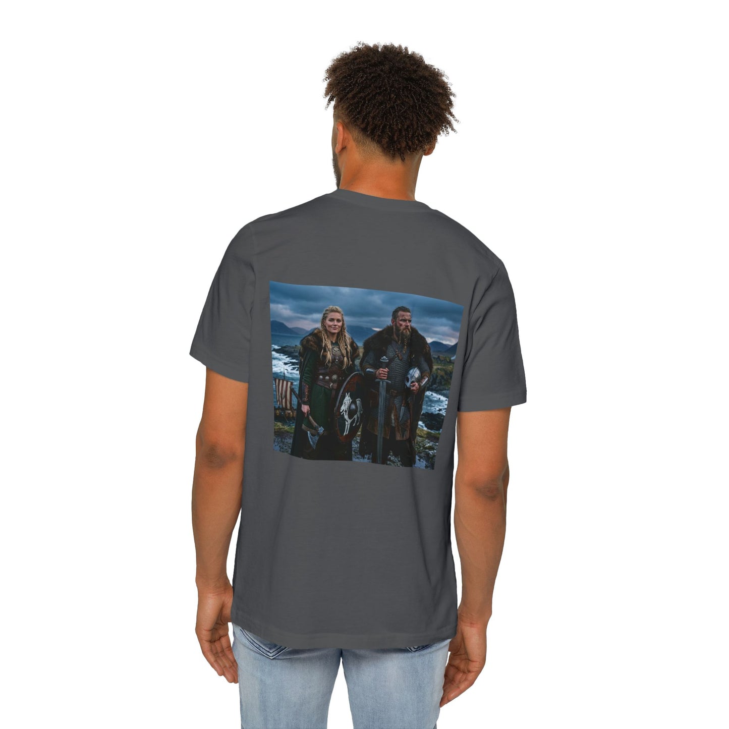 Viking Couple Scenic T-Shirt — Norse Shield & Axe Print