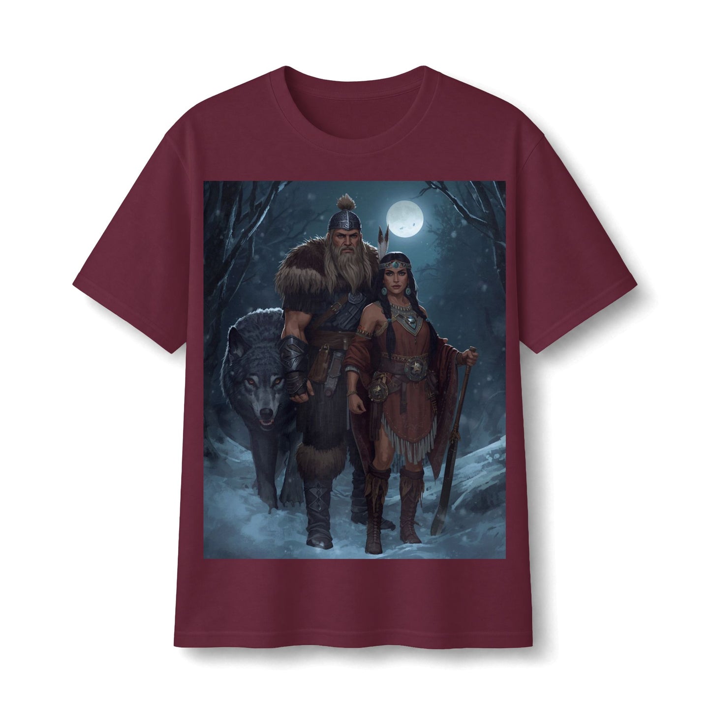 Viking Warrior Couple Tee — Norse Wolf Moon Fantasy T‑Shirt