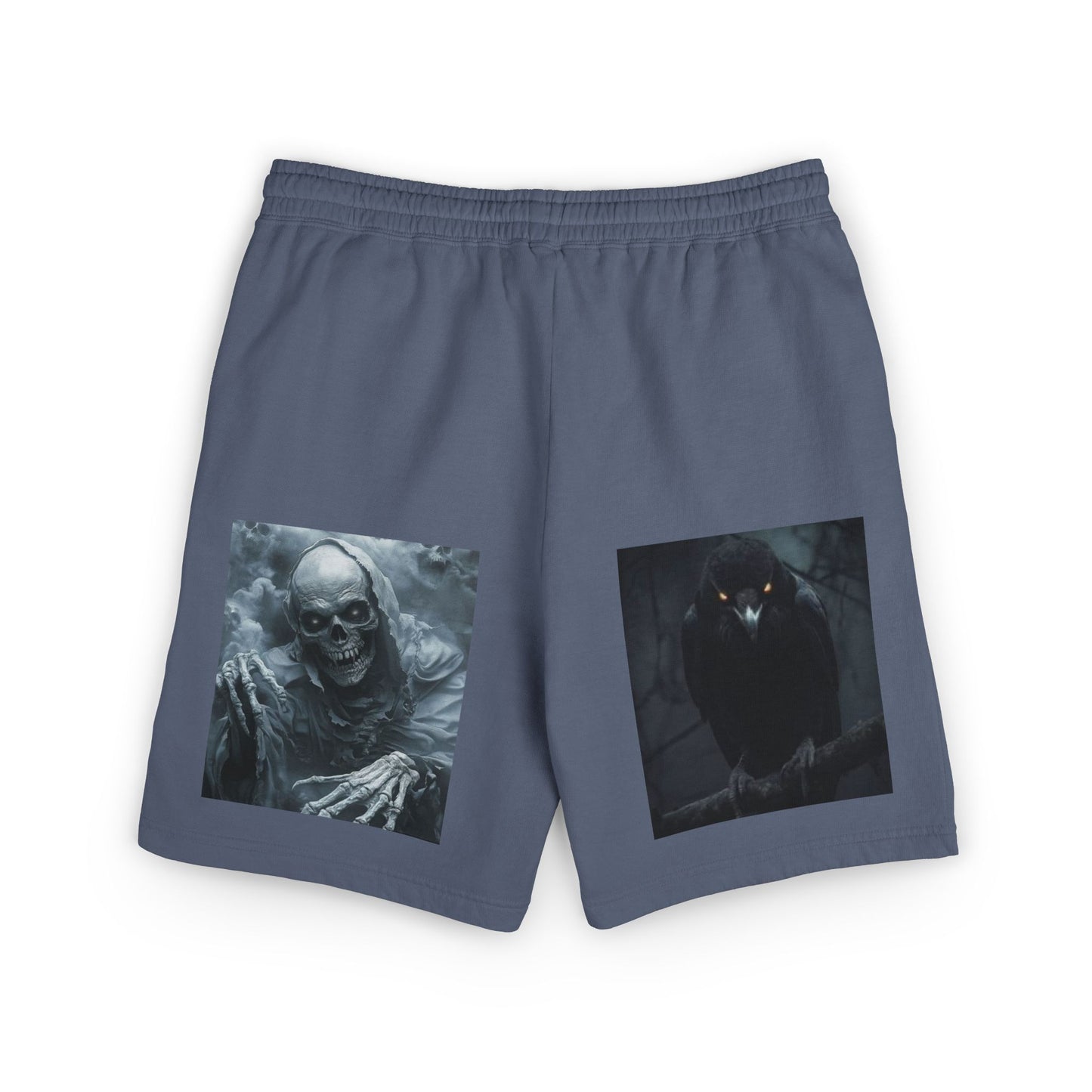 Skull & Raven Fleece Sweat Shorts — Gothic Horror Graphic Lounge Shorts