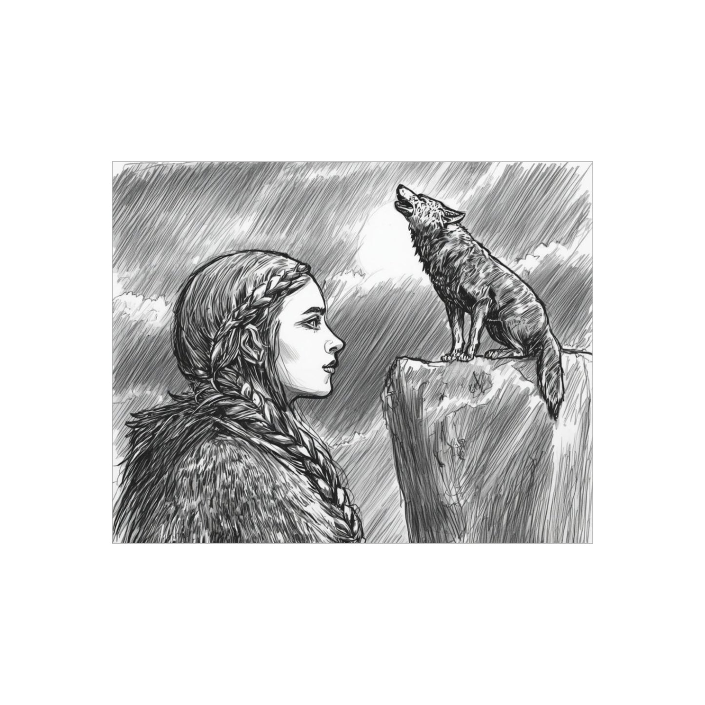 Foam Board - Viking Woman with Howling Wolf Illustration (Monochrome Nordic Wall Art)