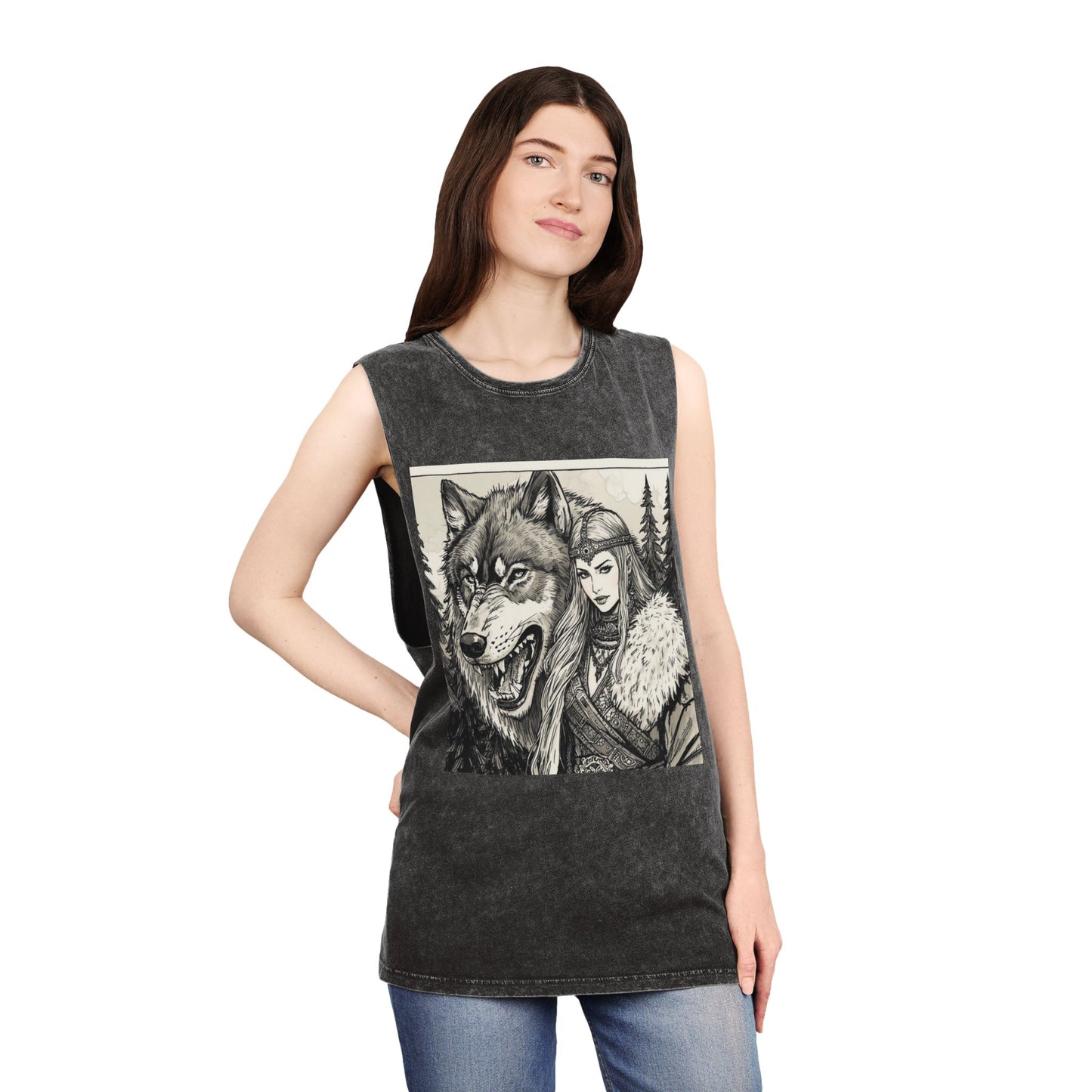 Viking Wolf Warrior Tank Top — Norse Female Viking & Wolf Graphic Stonewash Tank