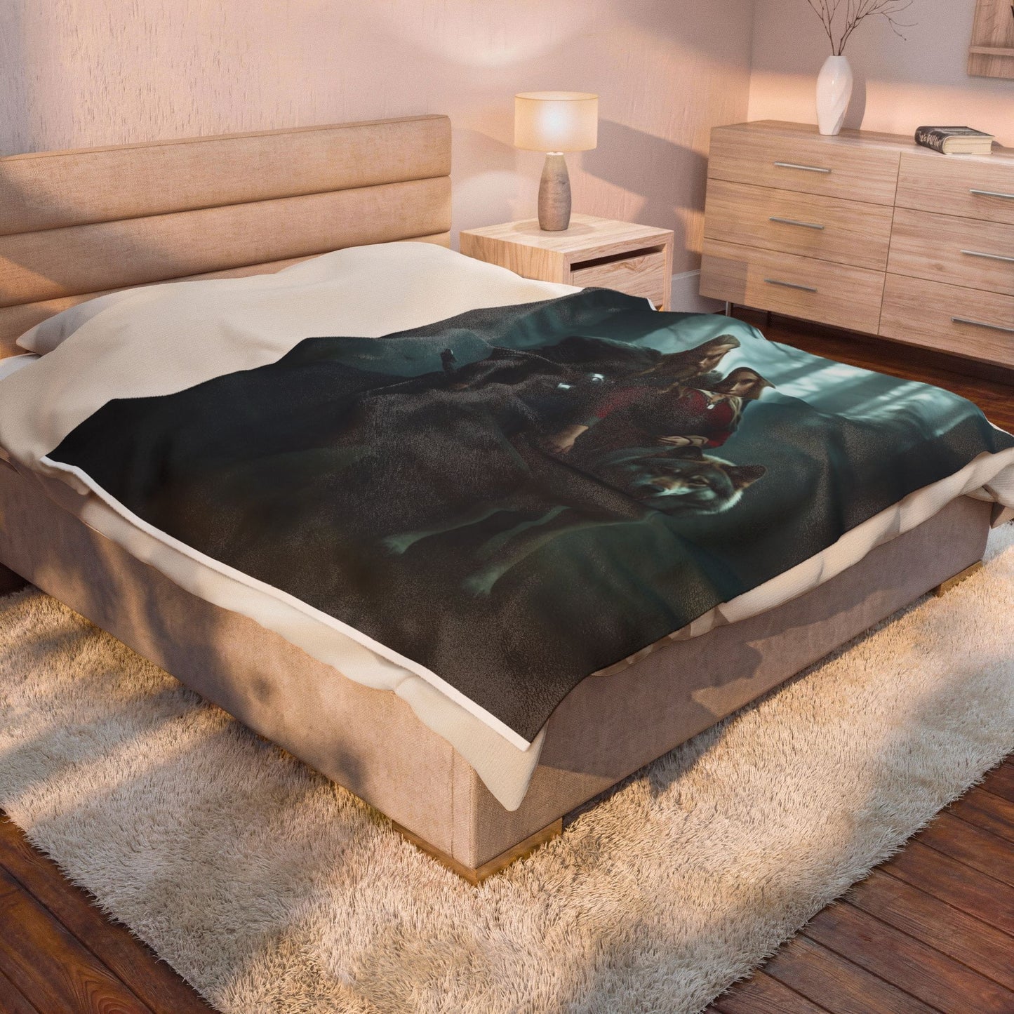 Viking Couple & Wolf Velveteen Plush Blanket — Fantasy Medieval Forest Throw for Fans