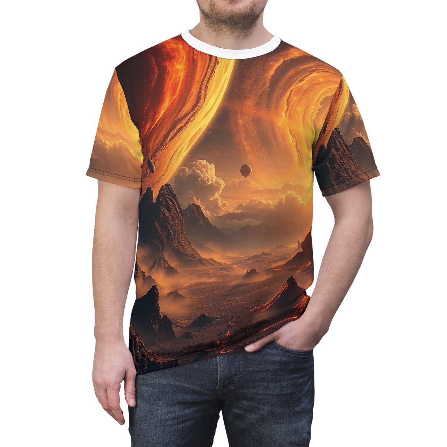 Solar Horizon All-Over Print Tee — Fiery Alien Landscape Graphic Shirt