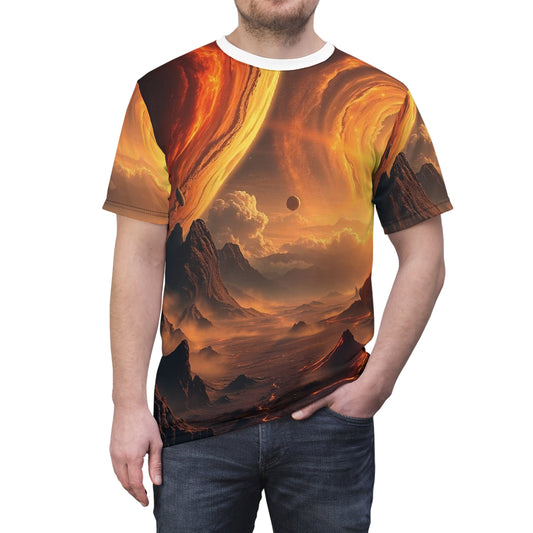 Solar Horizon All-Over Print Tee — Fiery Alien Landscape Graphic Shirt