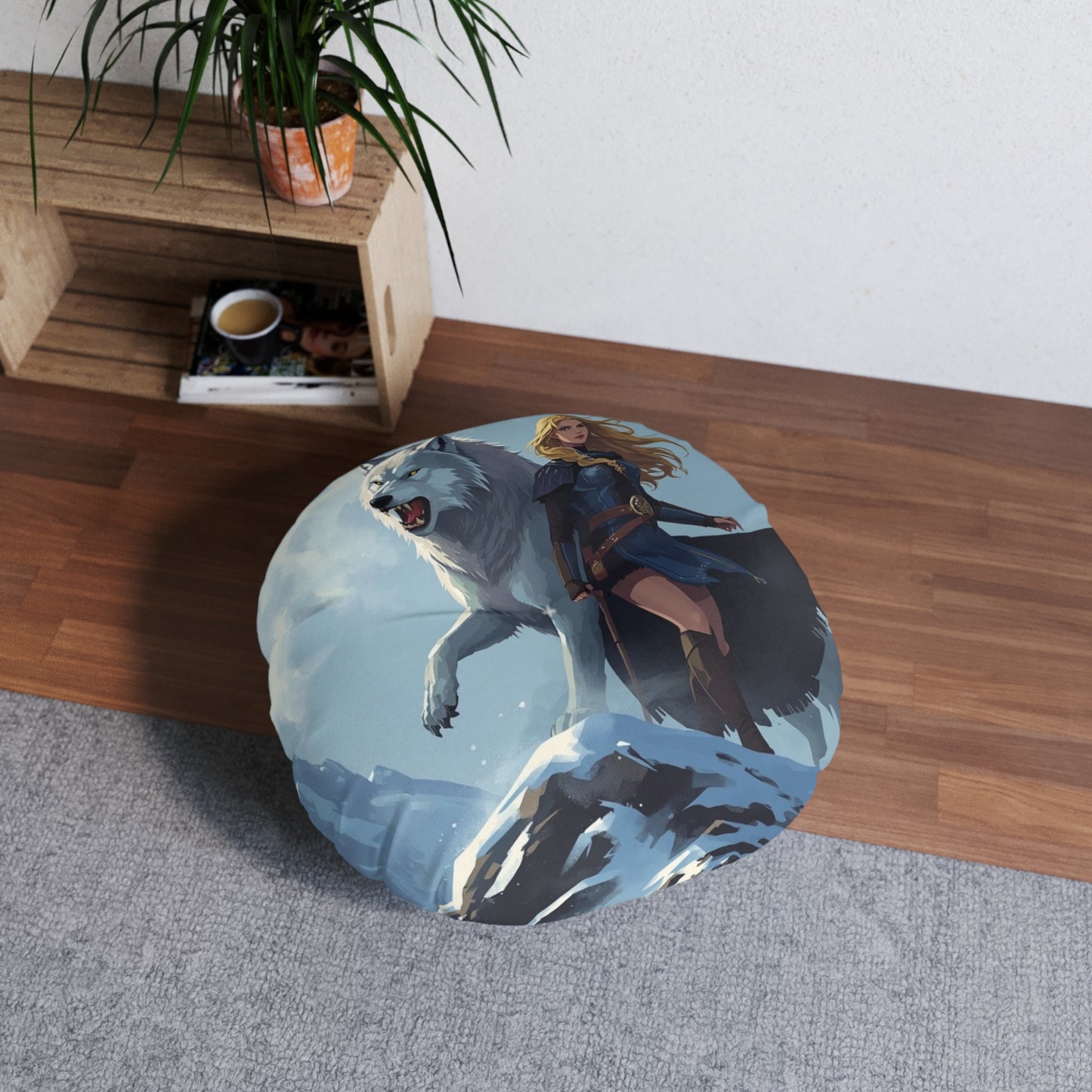 Viking Wolf Guardian Round Floor Pillow — Fantasy Norse Heroine & Wolf Artwork
