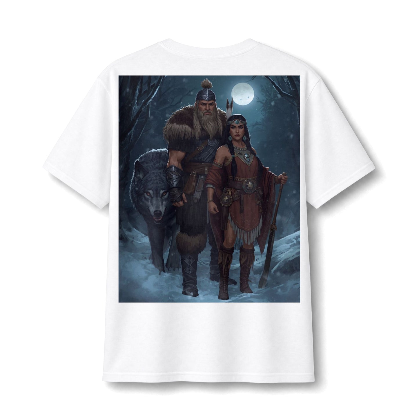 Viking Warrior Couple Tee — Norse Wolf Moon Fantasy T‑Shirt
