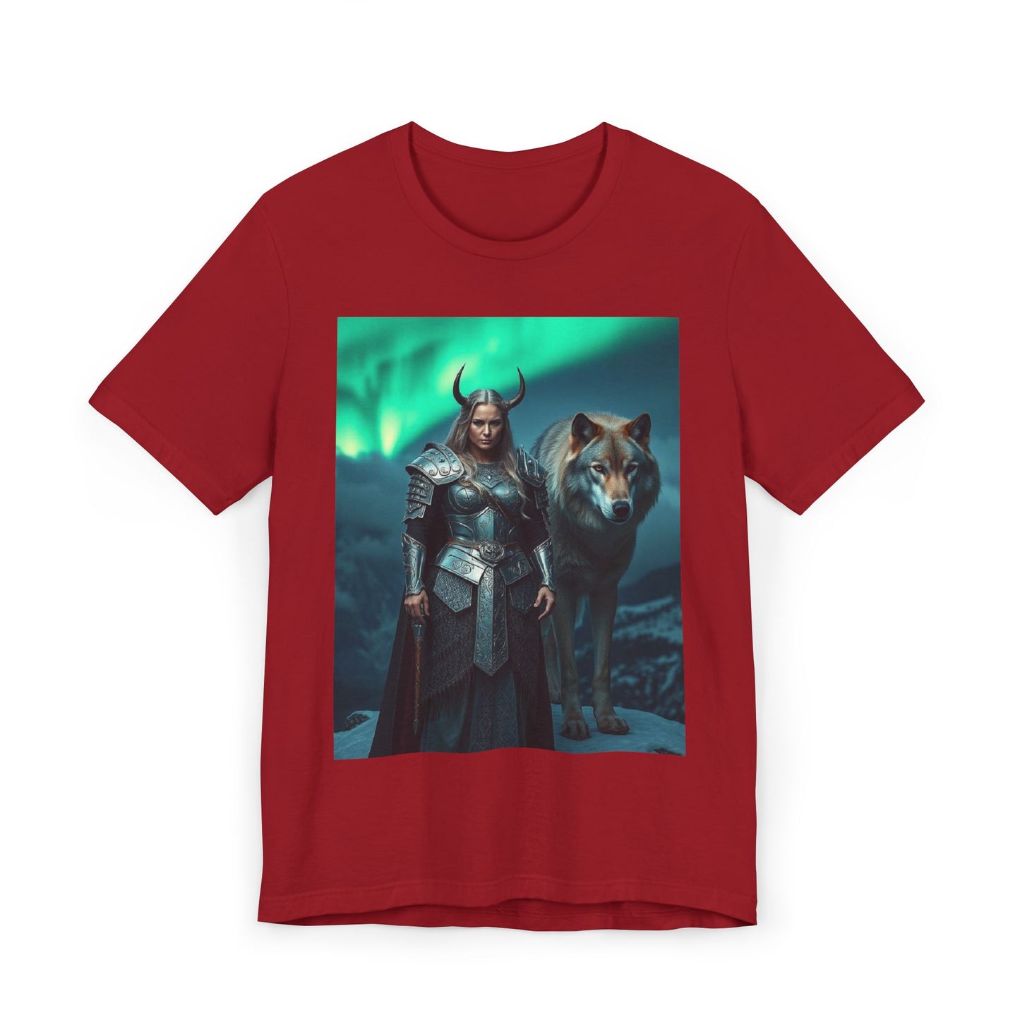 Viking Shieldmaiden & Wolf T-Shirt — Norse Fantasy Armor Tee