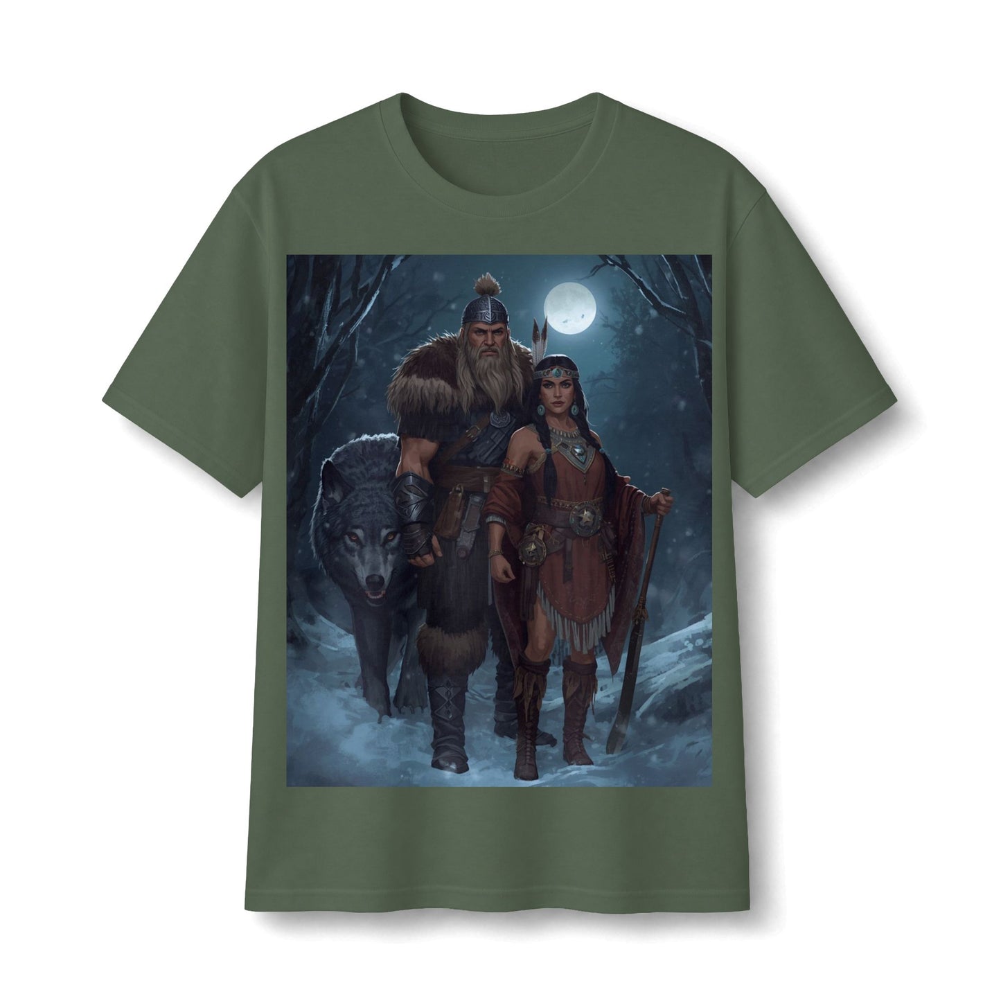 Viking Warrior Couple Tee — Norse Wolf Moon Fantasy T‑Shirt
