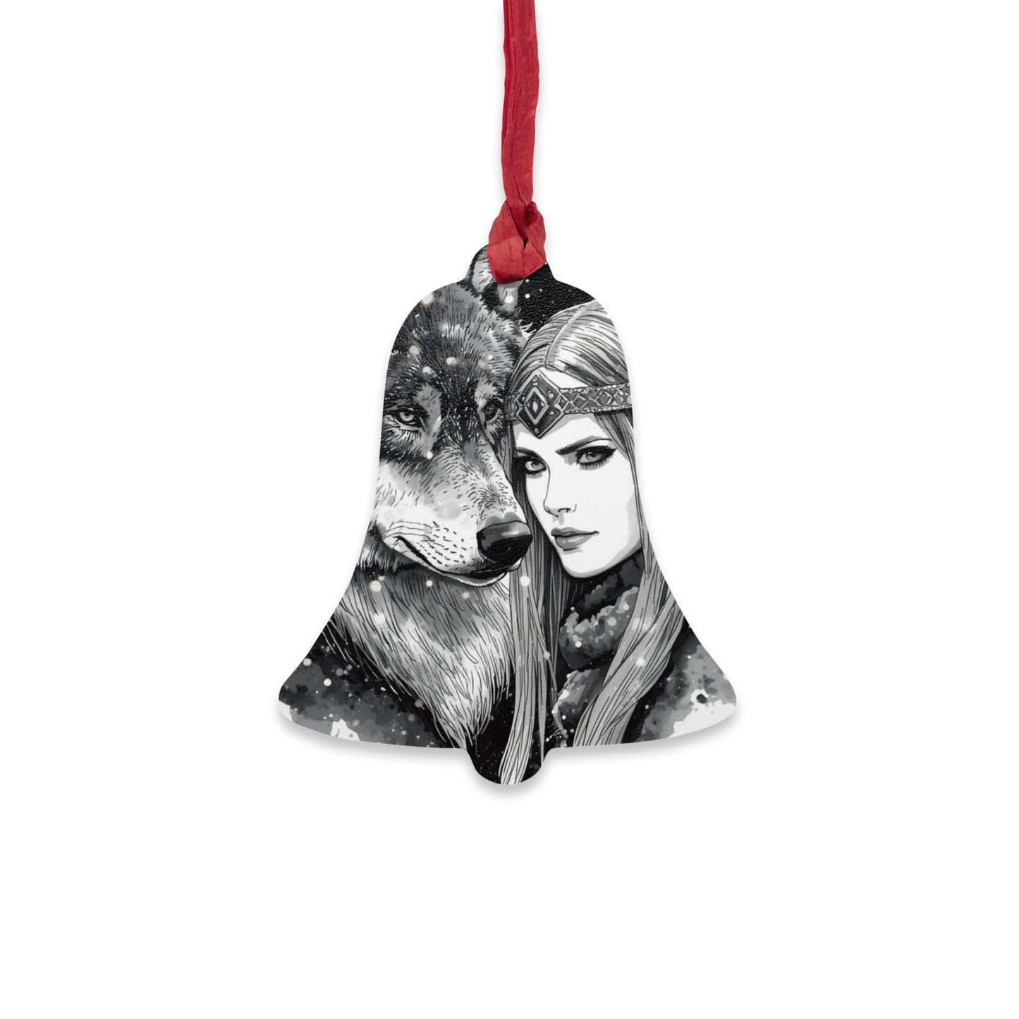 Viking Wolf & Woman Wooden Bell Ornament — Rustic Nordic Holiday Decoration