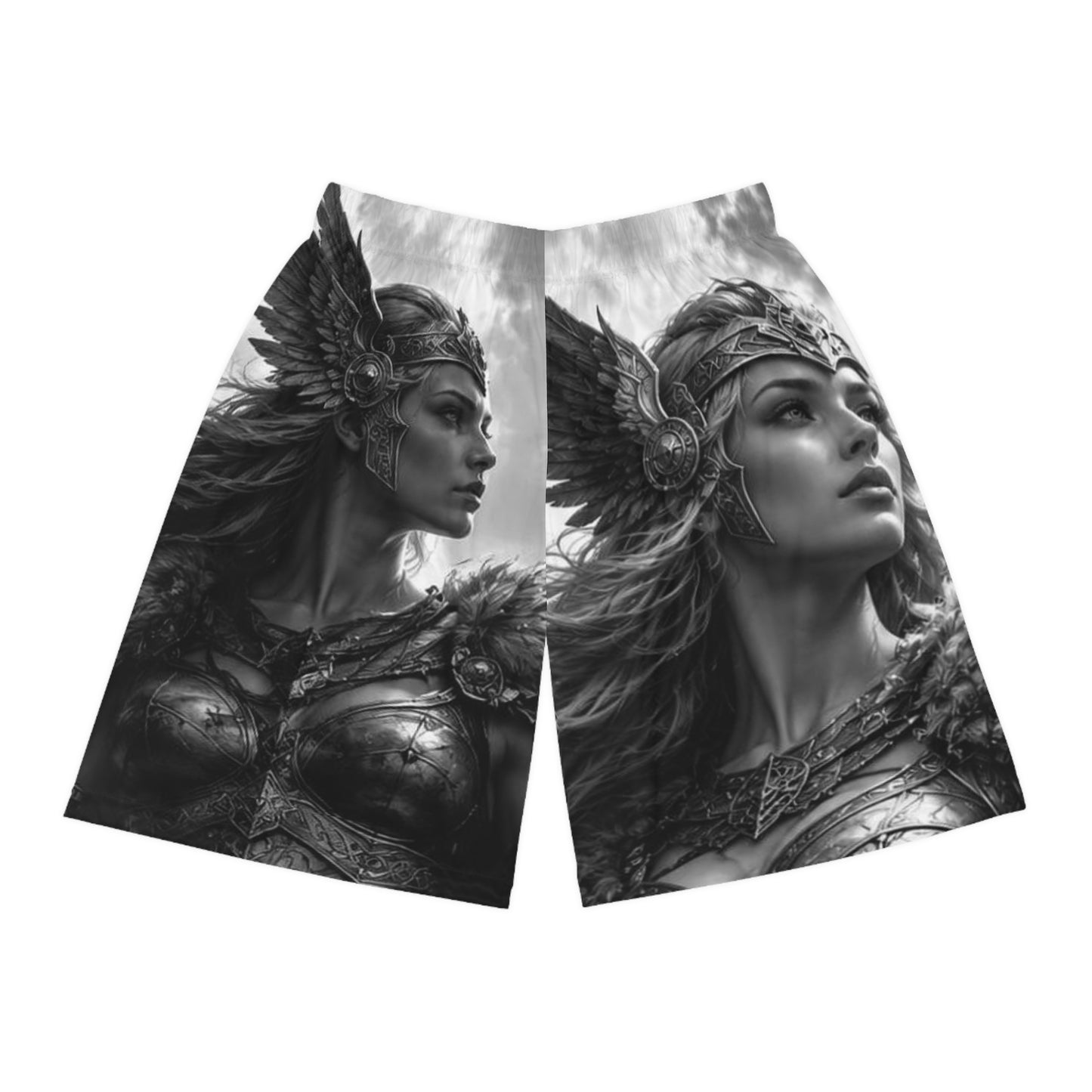 Valkyrie Warrior Basketball Shorts — Mythic Norse Winged Shield AOP