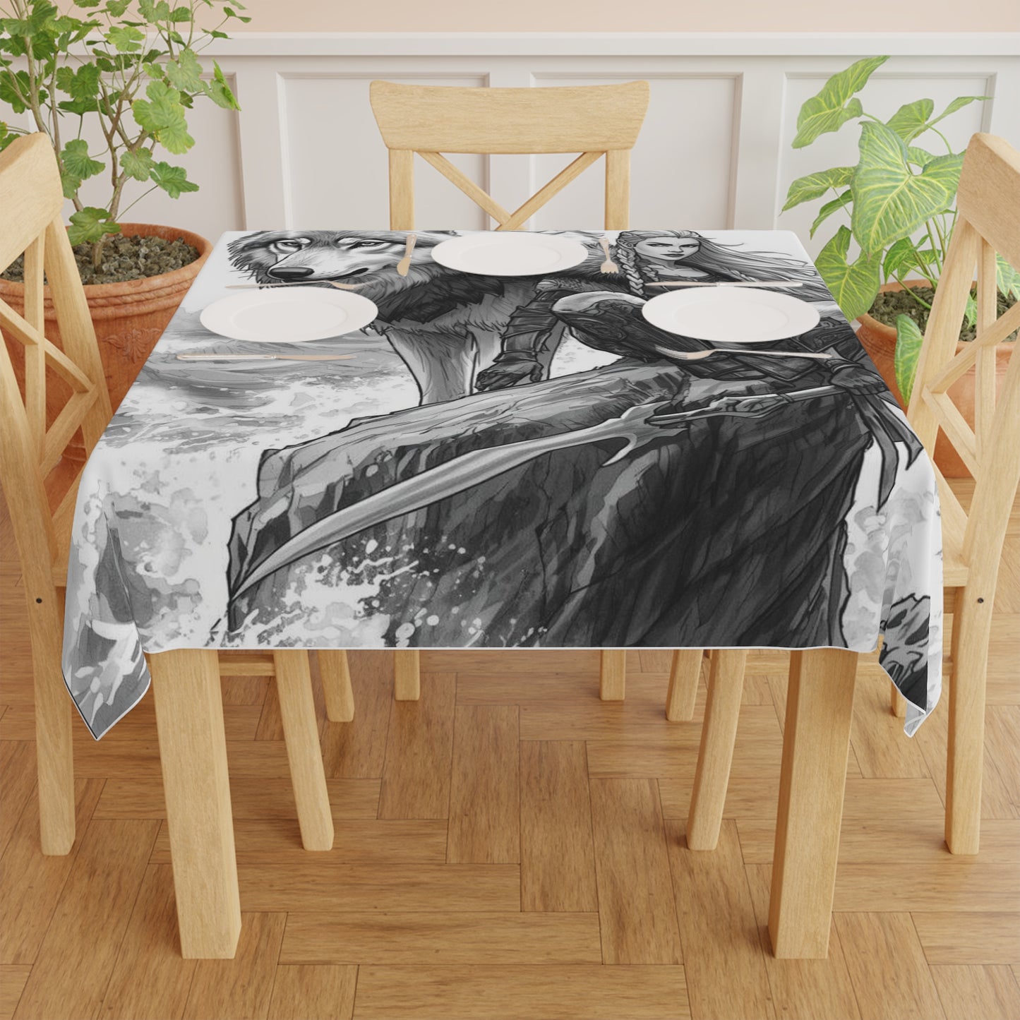 Viking Warrior & Wolf Tablecloth — Norse Fantasy Table Decor