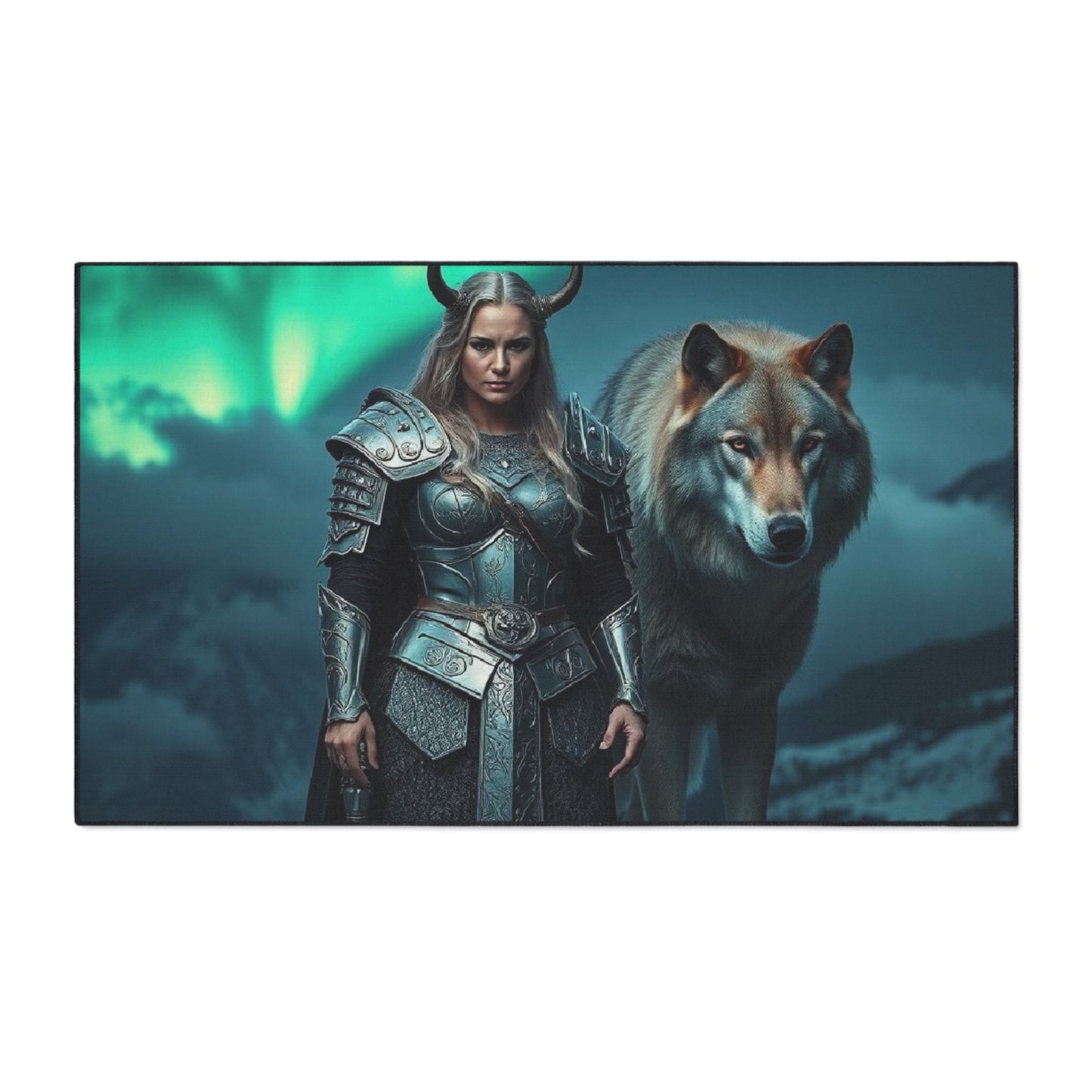 Viking Shieldmaiden & Wolf Heavy-Duty Floor Mat – Norse Warrior Entry Rug