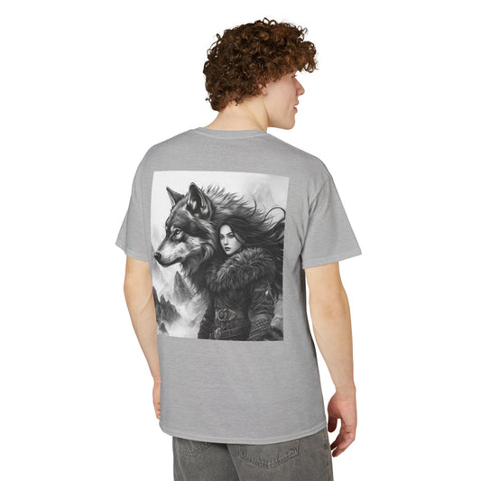Wolf Guardian T-Shirt — Viking Woman & Wolf Fantasy Graphic Tee