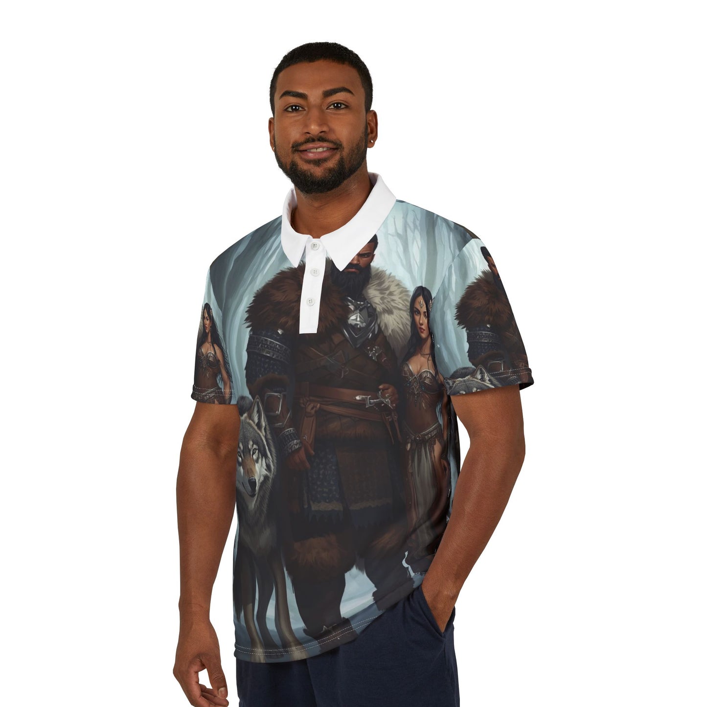 Viking Warriors & Wolf Polo Shirt — Norse Mythic All-Over Print