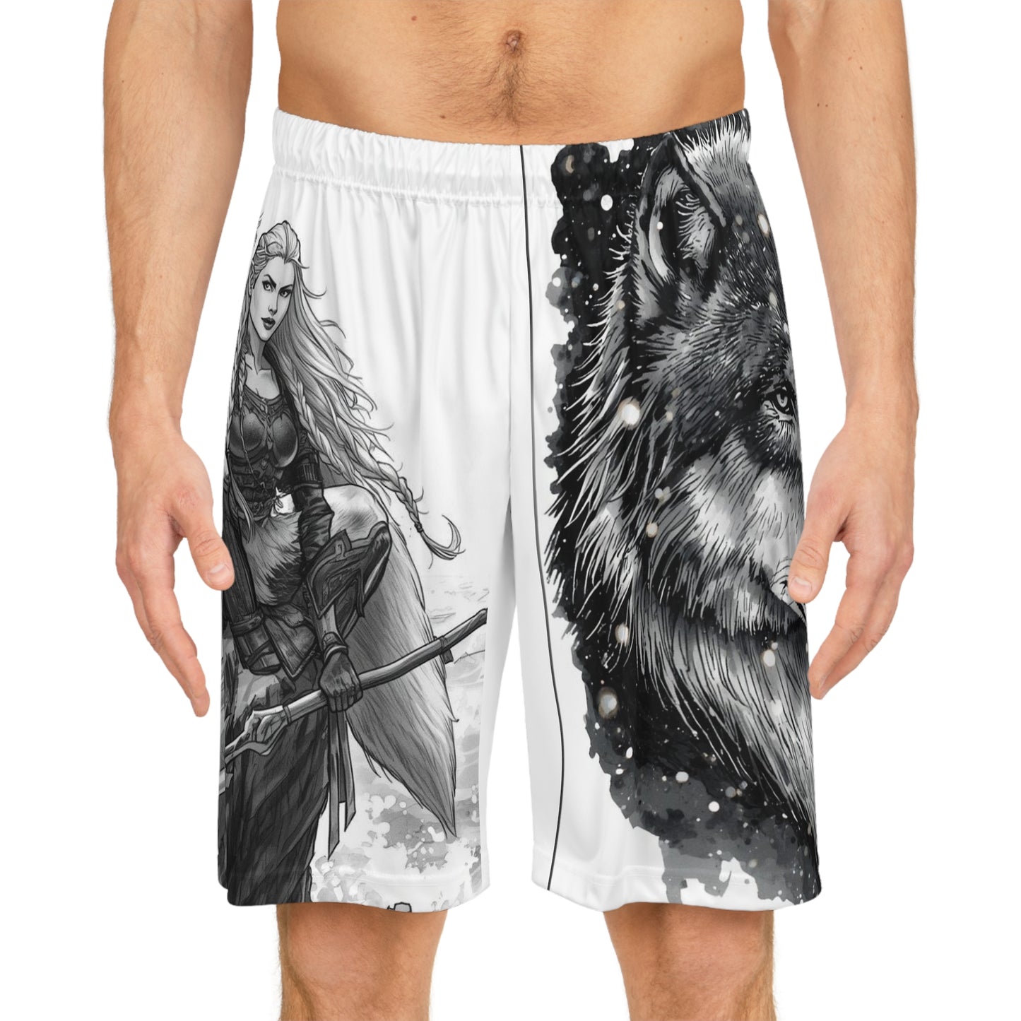 Viking Wolf Basketball Shorts — Monochrome Norse Warrior AOP