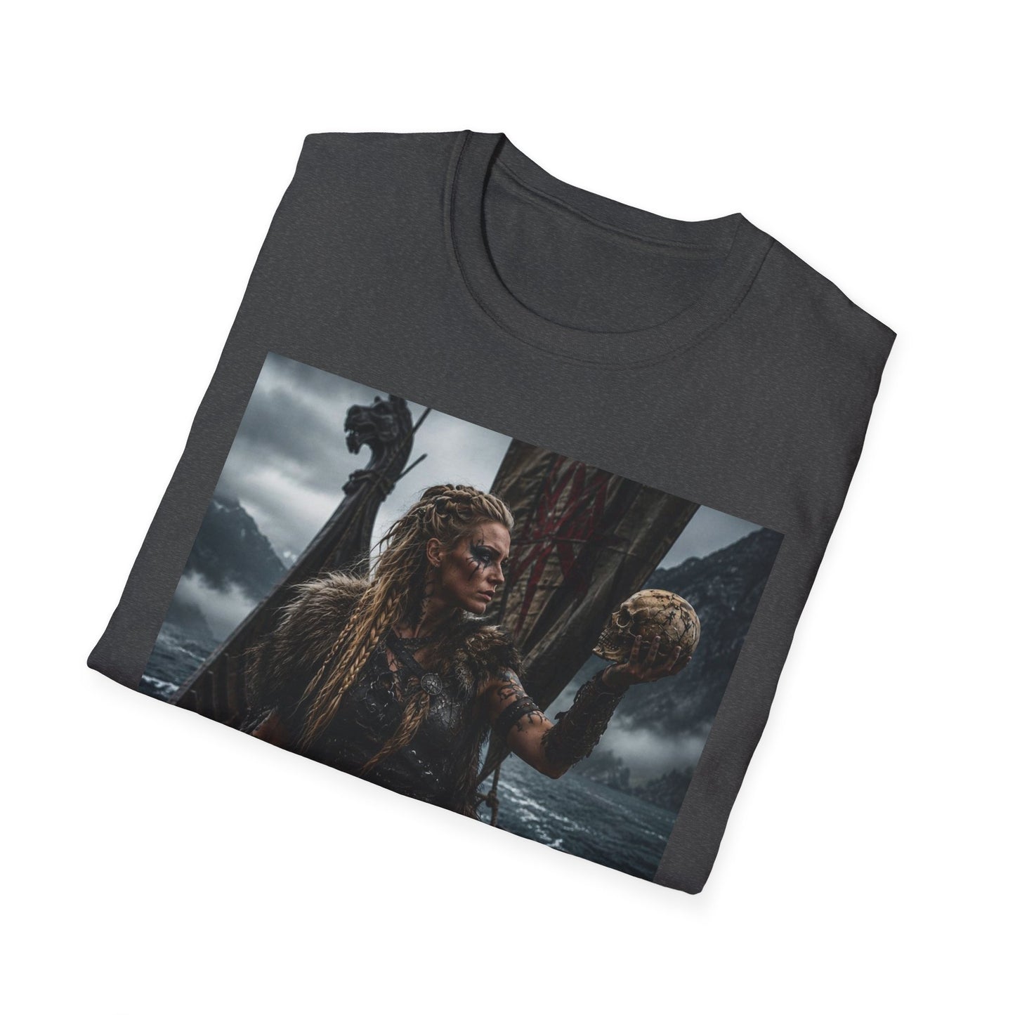 Viking Shieldmaiden Graphic T‑Shirt — Woman Holding Skull Norse Warrior Art
