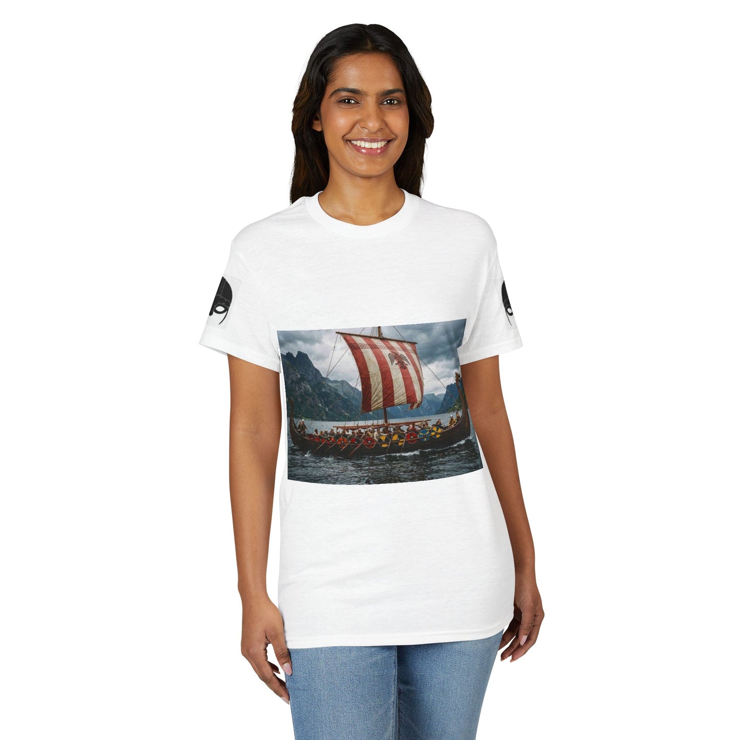 Viking Longship Graphic T-Shirt — Red Striped Sail Nautical Norse Design
