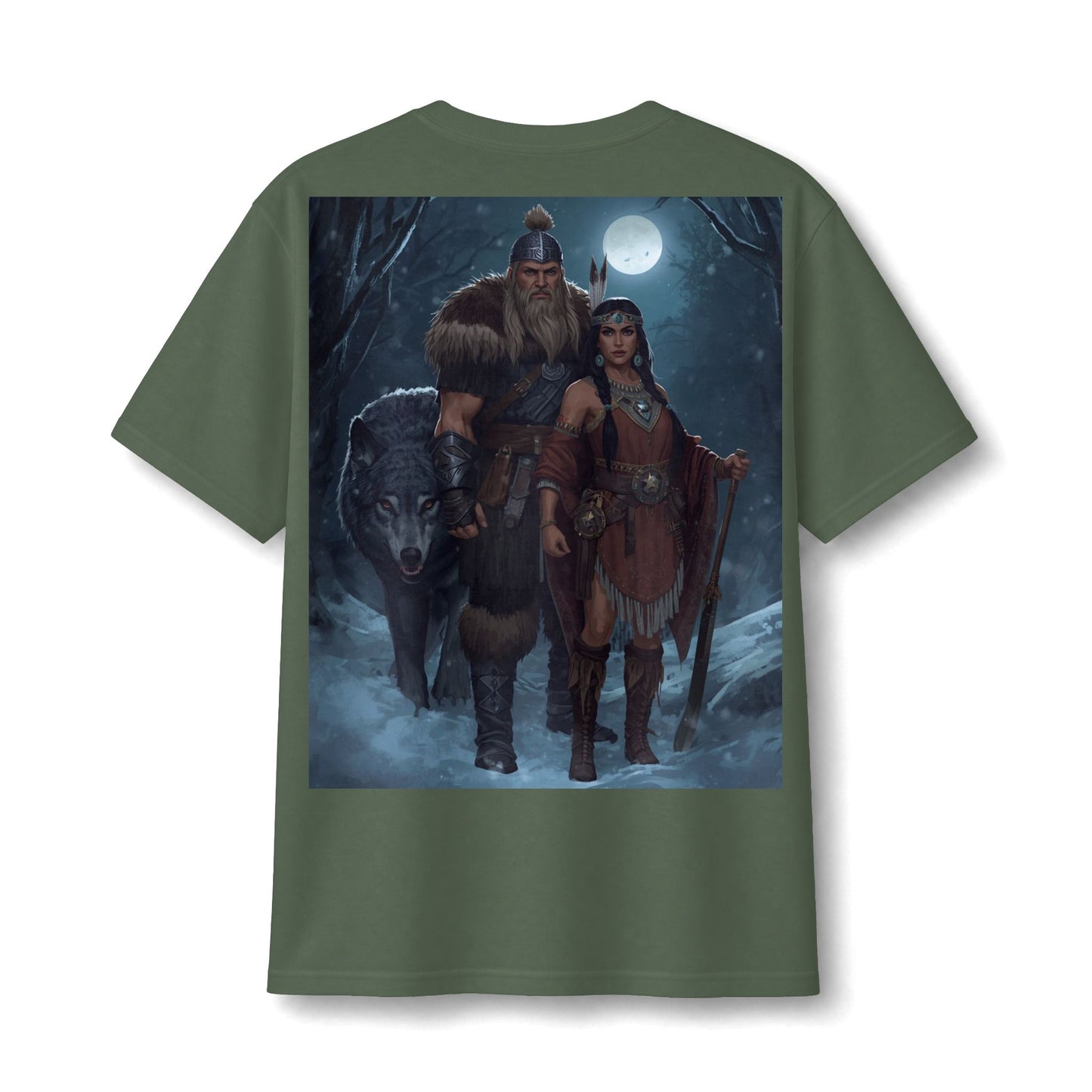 Viking Warrior Couple Tee — Norse Wolf Moon Fantasy T‑Shirt