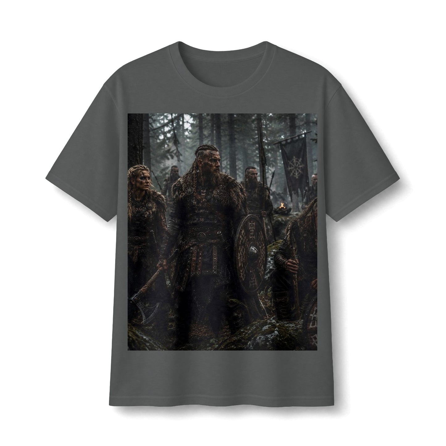 Viking Warriors Forest Print T-Shirt — Nordic Battle Scene Tee