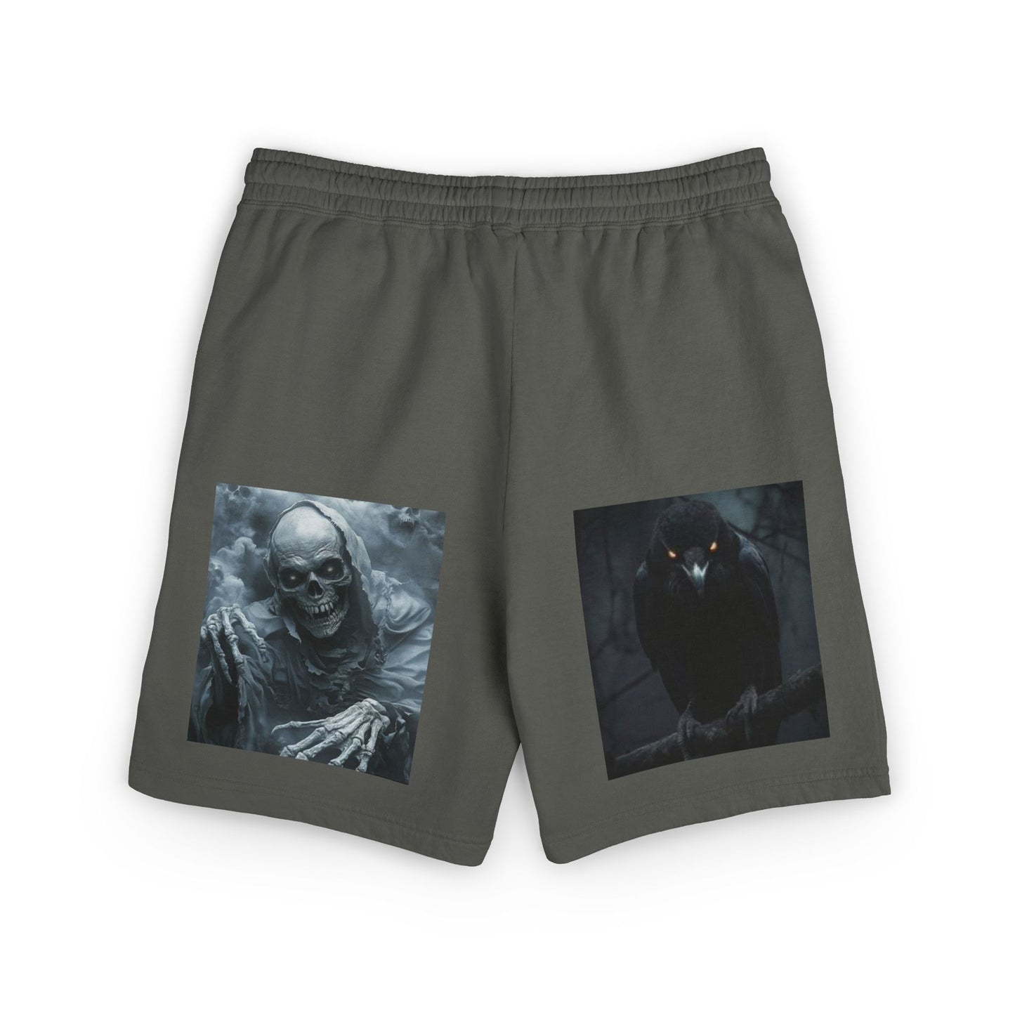 Skull & Raven Fleece Sweat Shorts — Gothic Horror Graphic Lounge Shorts