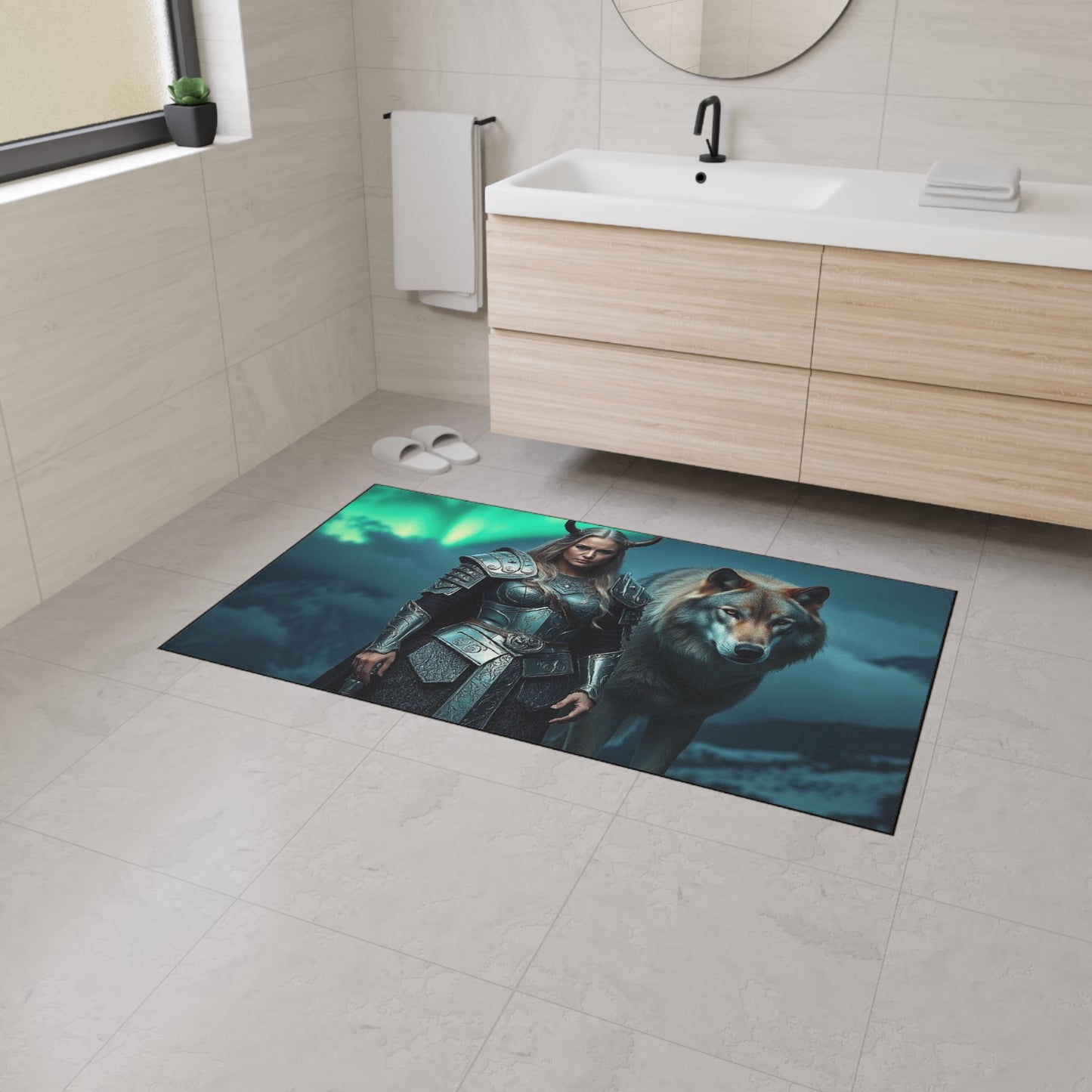 Viking Shieldmaiden & Wolf Heavy-Duty Floor Mat – Norse Warrior Entry Rug
