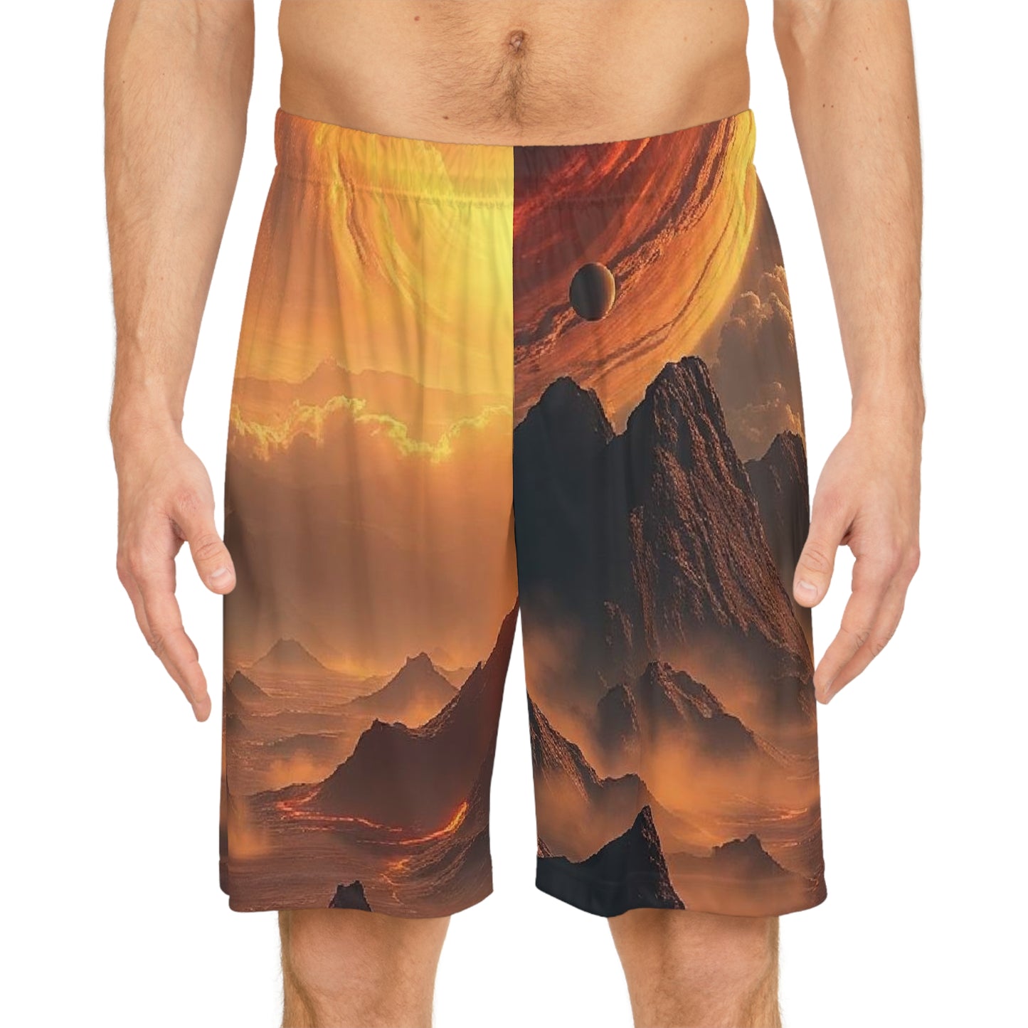 Planetary Sunset Basketball Shorts — Sci‑Fi Landscape All‑Over Print