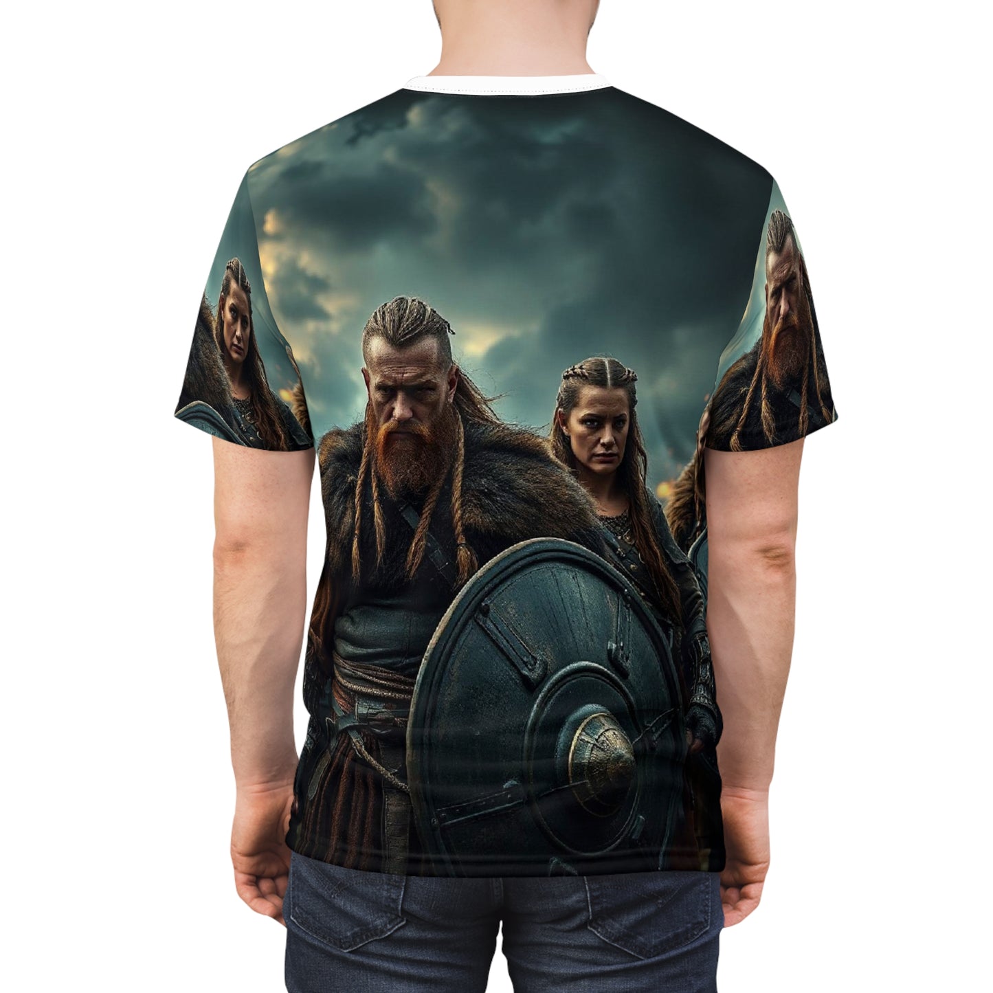 Viking Warriors All-Over Print Tee — Norse Shield & Storm Scene
