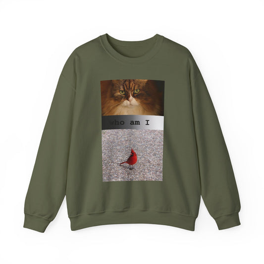 Cat and Cardinal Photo Sweatshirt | "who am I" design