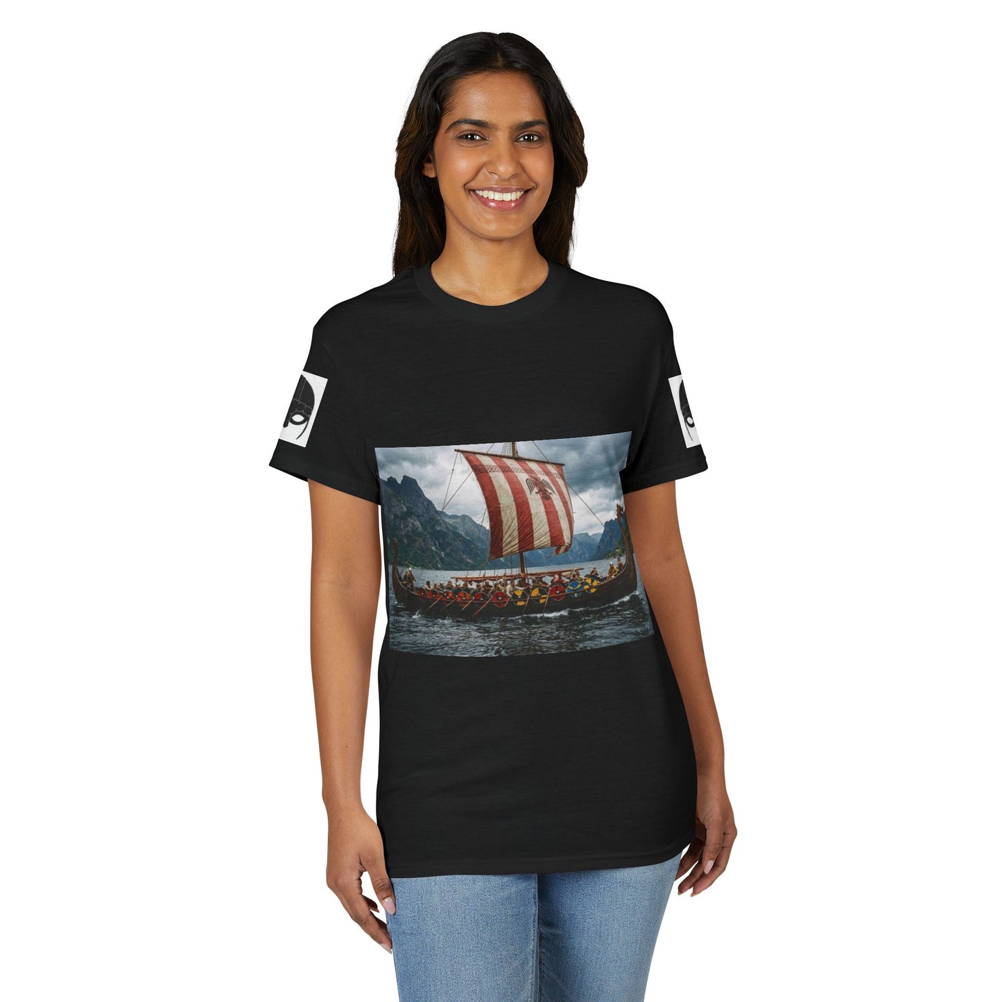 Viking Longship Graphic T-Shirt — Red Striped Sail Nautical Norse Design