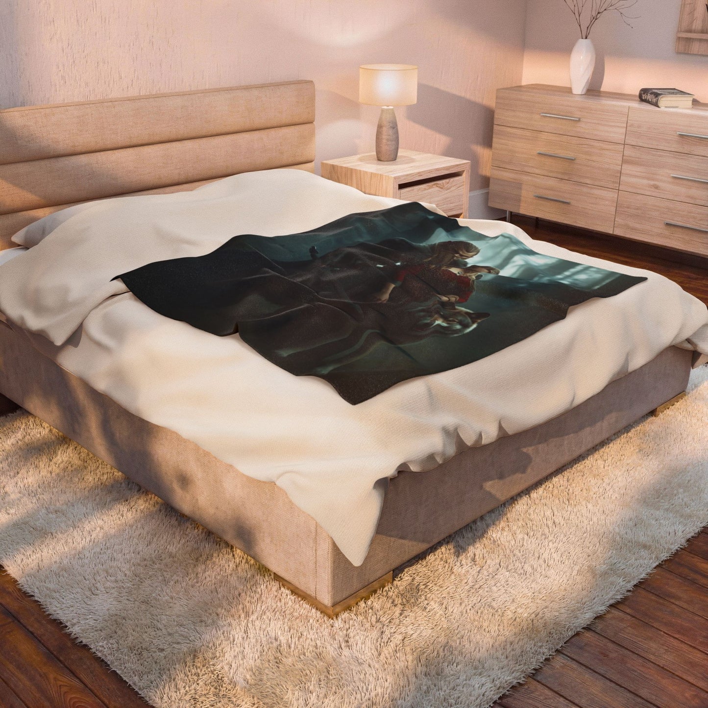 Viking Couple & Wolf Velveteen Plush Blanket — Fantasy Medieval Forest Throw for Fans