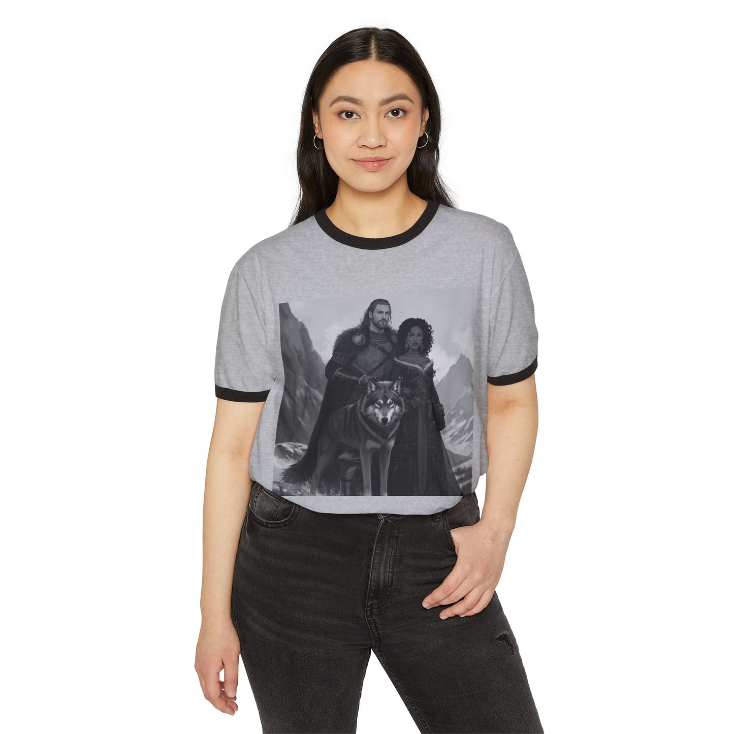 Medieval Fantasy Couple & Wolf Ringer T-Shirt — Adventure Vibe Tee