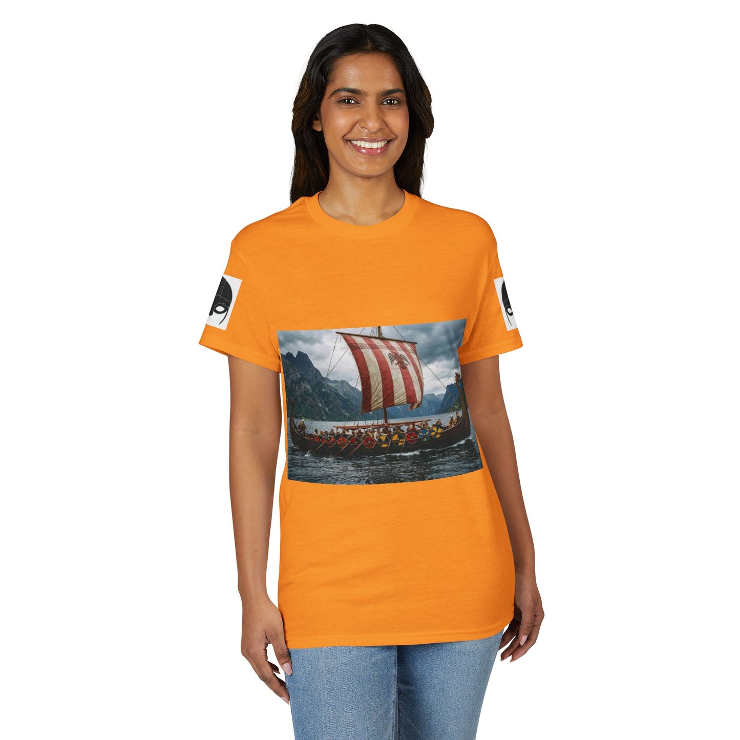 Viking Longship Graphic T-Shirt — Red Striped Sail Nautical Norse Design