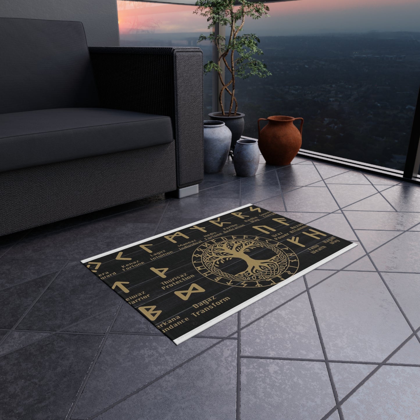 Viking Runes Tree of Life Outdoor Rug - Norse Symbol Doormat for Patio & Porch