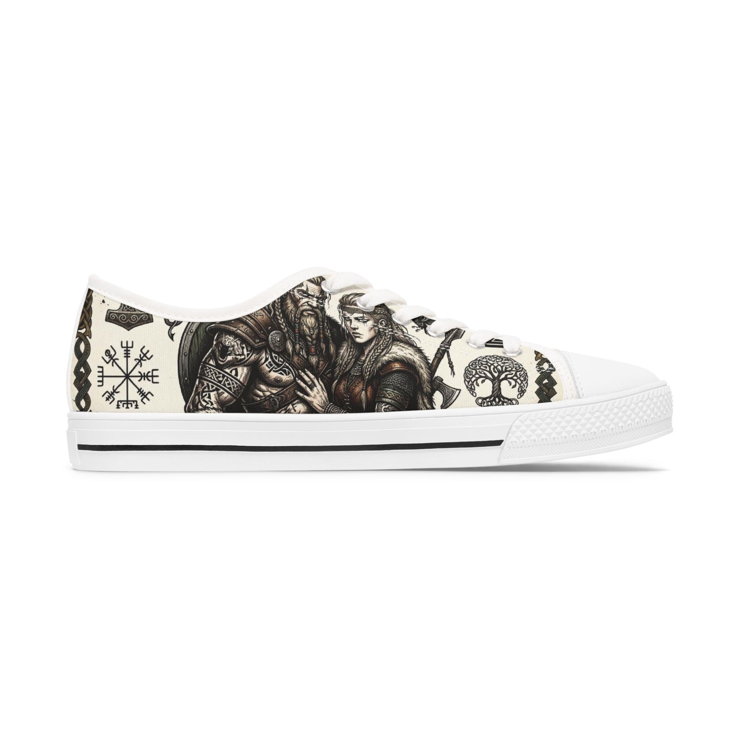 Viking Warrior Pattern Low Top Sneakers — Norse Rune & Tree of Life Design