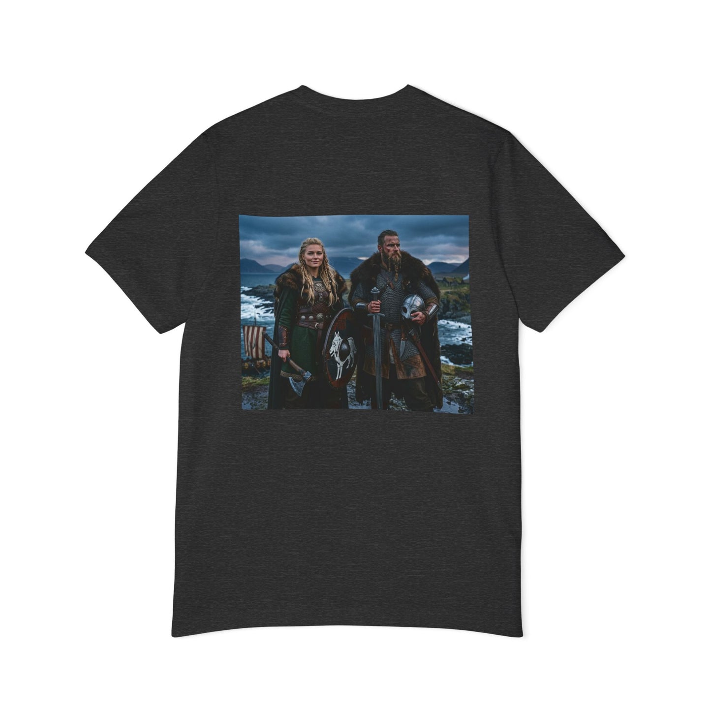 Viking Couple Scenic T-Shirt — Norse Shield & Axe Print