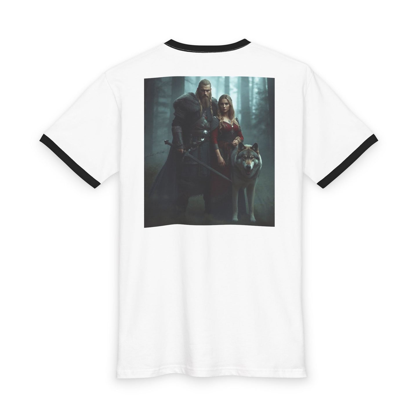 Viking Couple & Wolf Ringer Tee — Norse Warrior Fantasy T‑Shirt