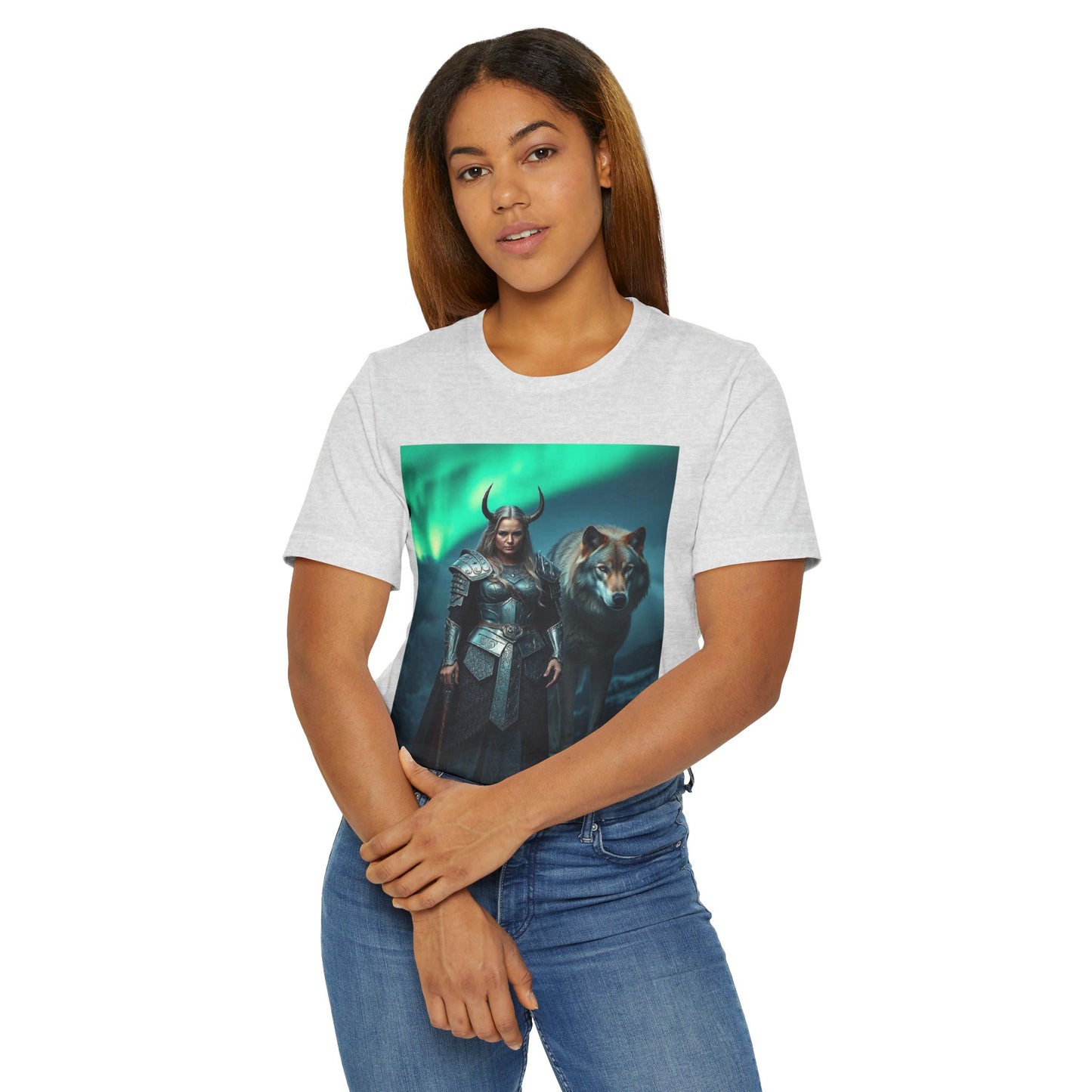 Viking Shieldmaiden & Wolf T-Shirt — Norse Fantasy Armor Tee