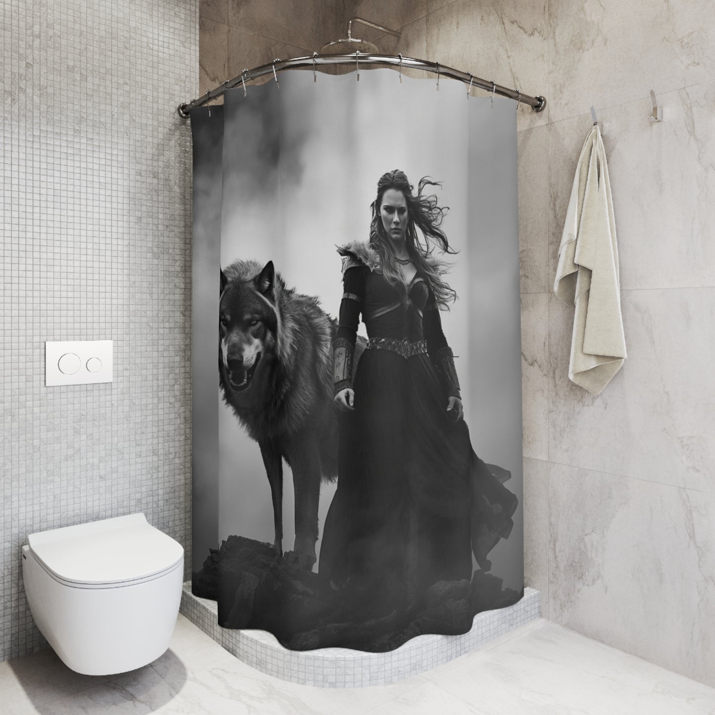 Viking Wolf Shower Curtain - Nordic Warrior Bathroom Decor