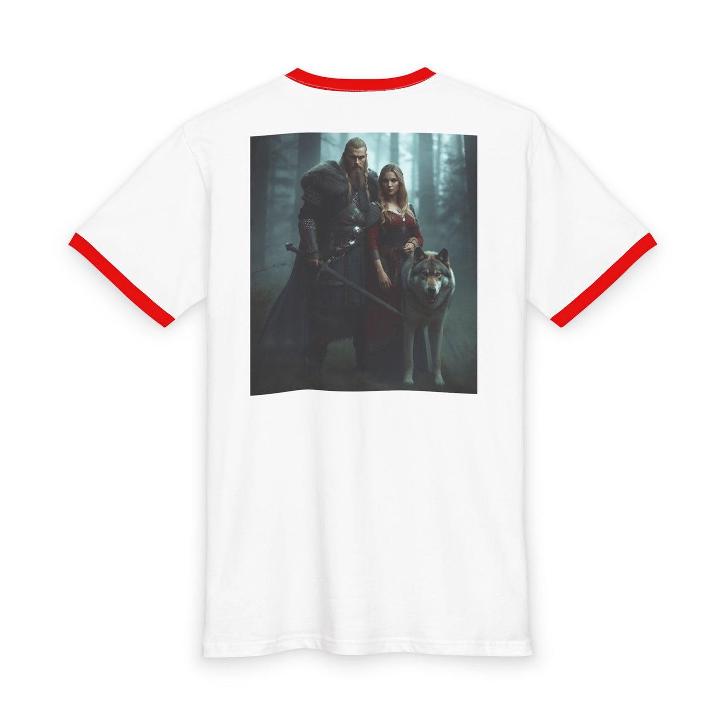 Viking Couple & Wolf Ringer Tee — Norse Warrior Fantasy T‑Shirt