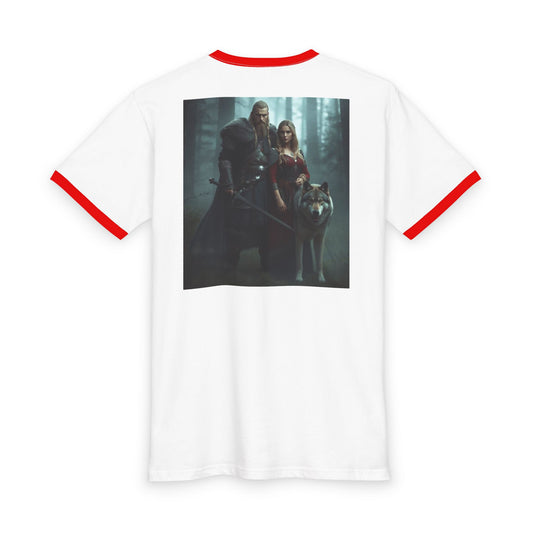 Viking Couple & Wolf Ringer Tee — Norse Warrior Fantasy T‑Shirt
