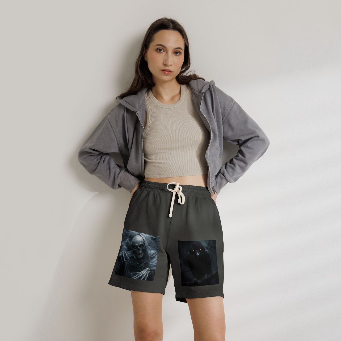 Skull & Raven Fleece Sweat Shorts — Gothic Horror Graphic Lounge Shorts