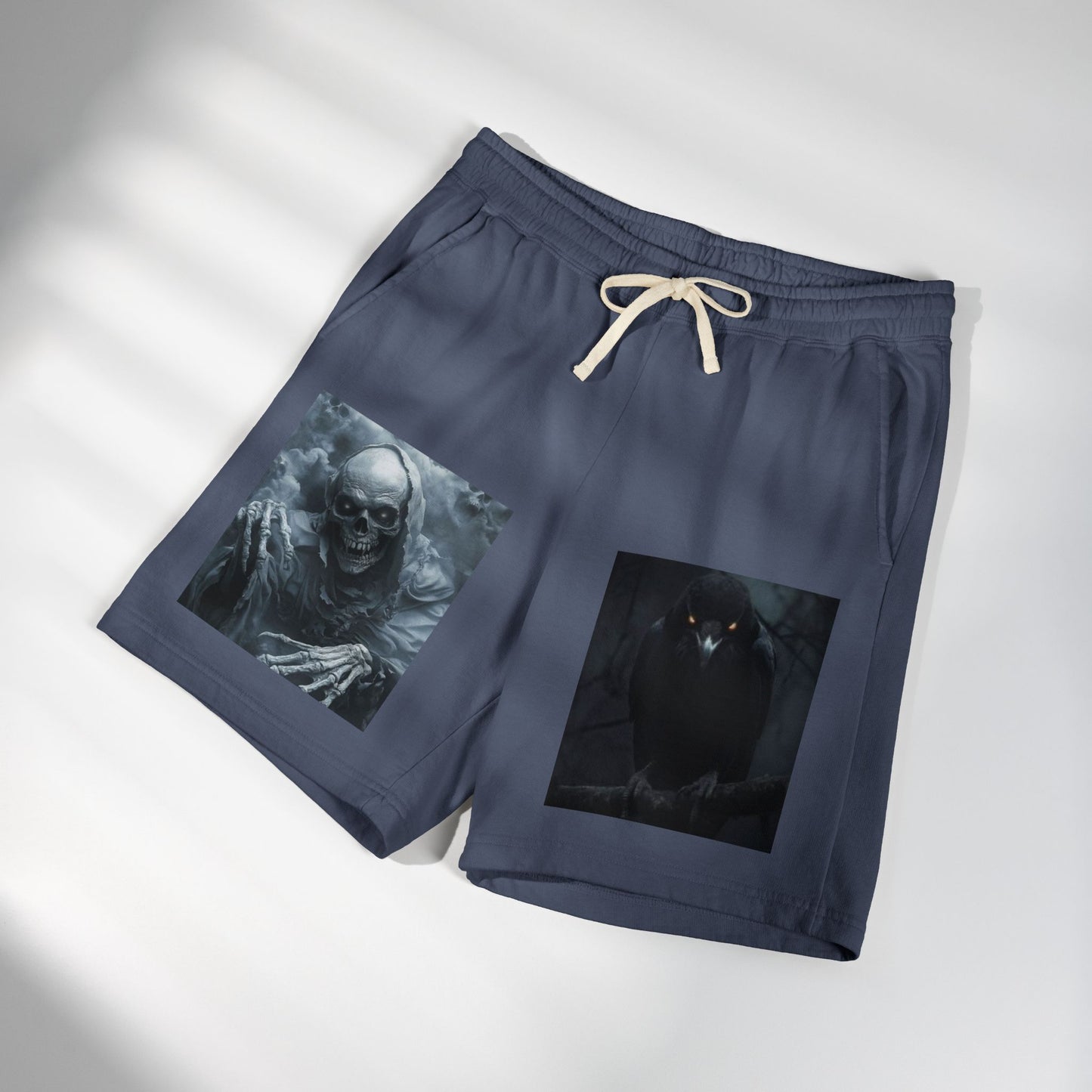 Skull & Raven Fleece Sweat Shorts — Gothic Horror Graphic Lounge Shorts